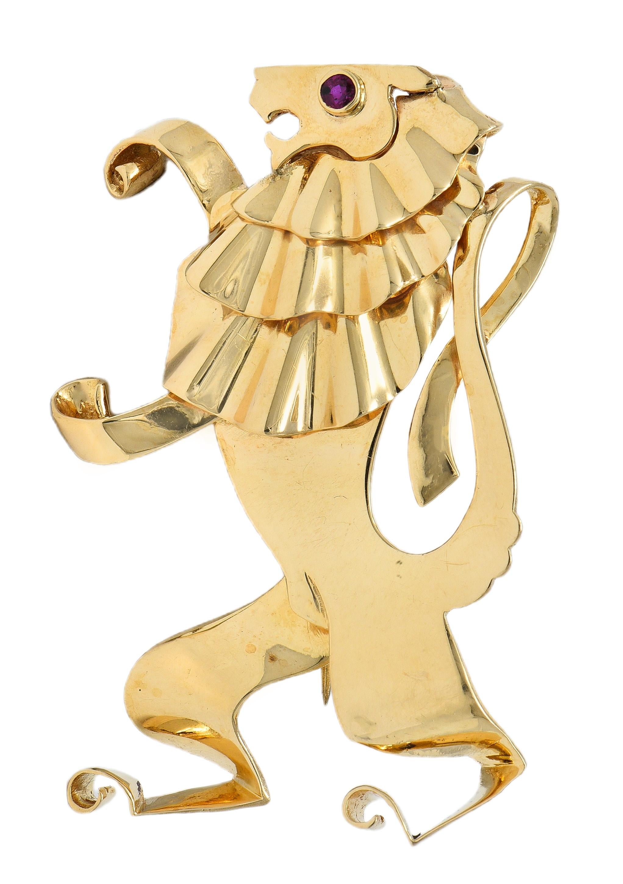 Traebert & Hoffman Mauboussin Retro Ruby 14K Gold Vintage Ruffled Lion Brooch