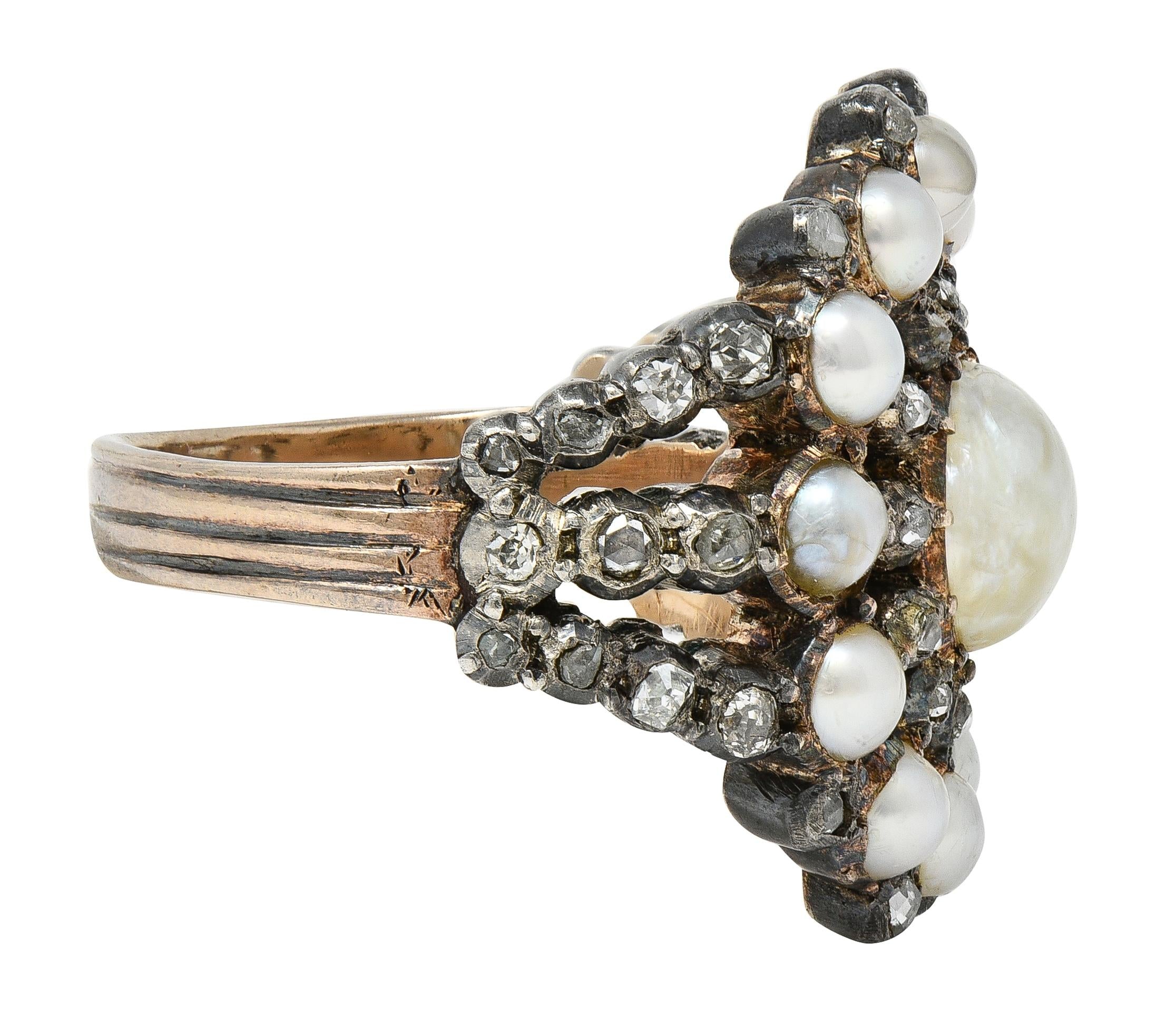Victorian Diamond Pearl Sterling Silver 12 Karat Gold Antique Radial Burst Ring