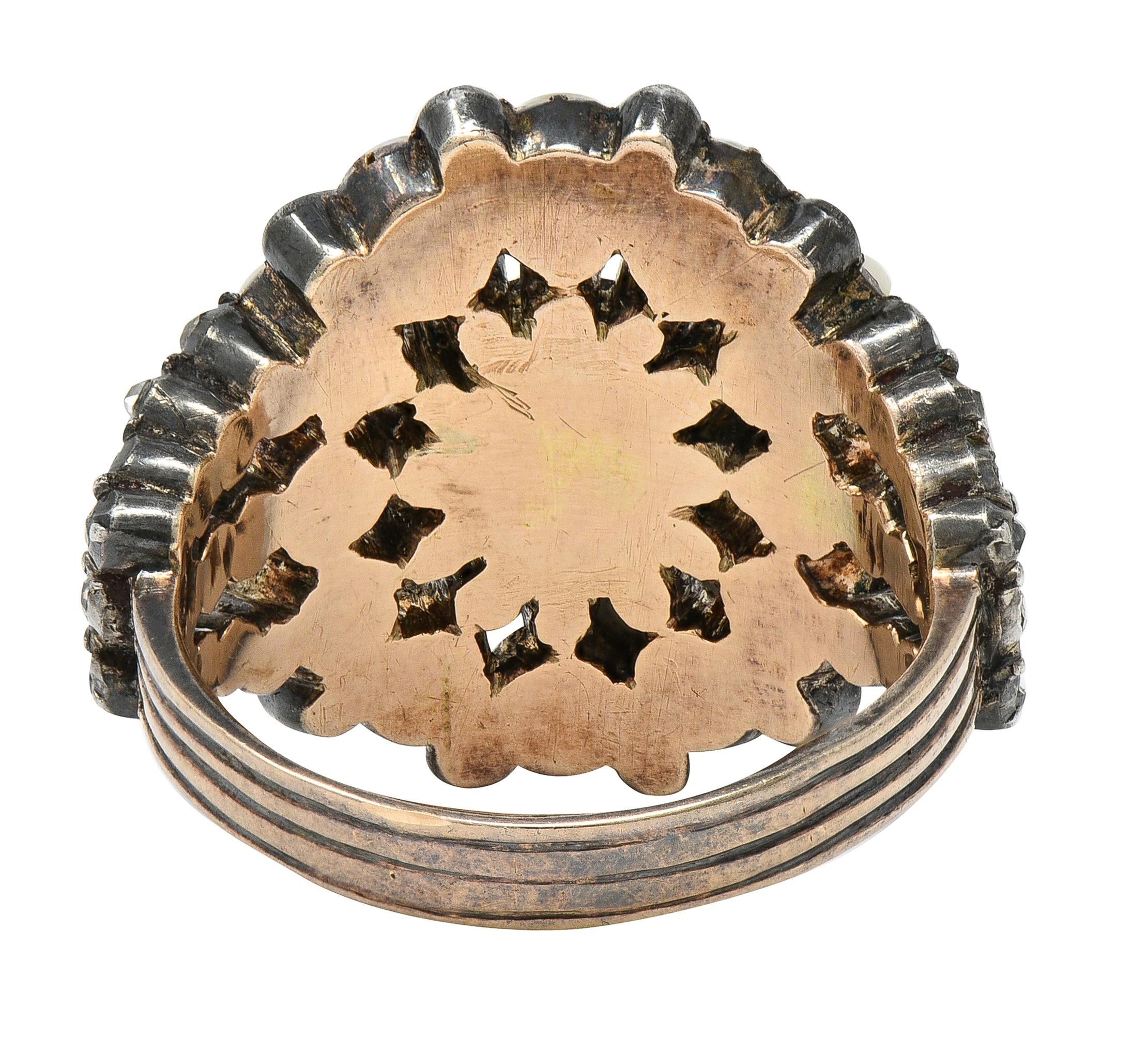 Victorian Diamond Pearl Sterling Silver 12 Karat Gold Antique Radial Burst Ring
