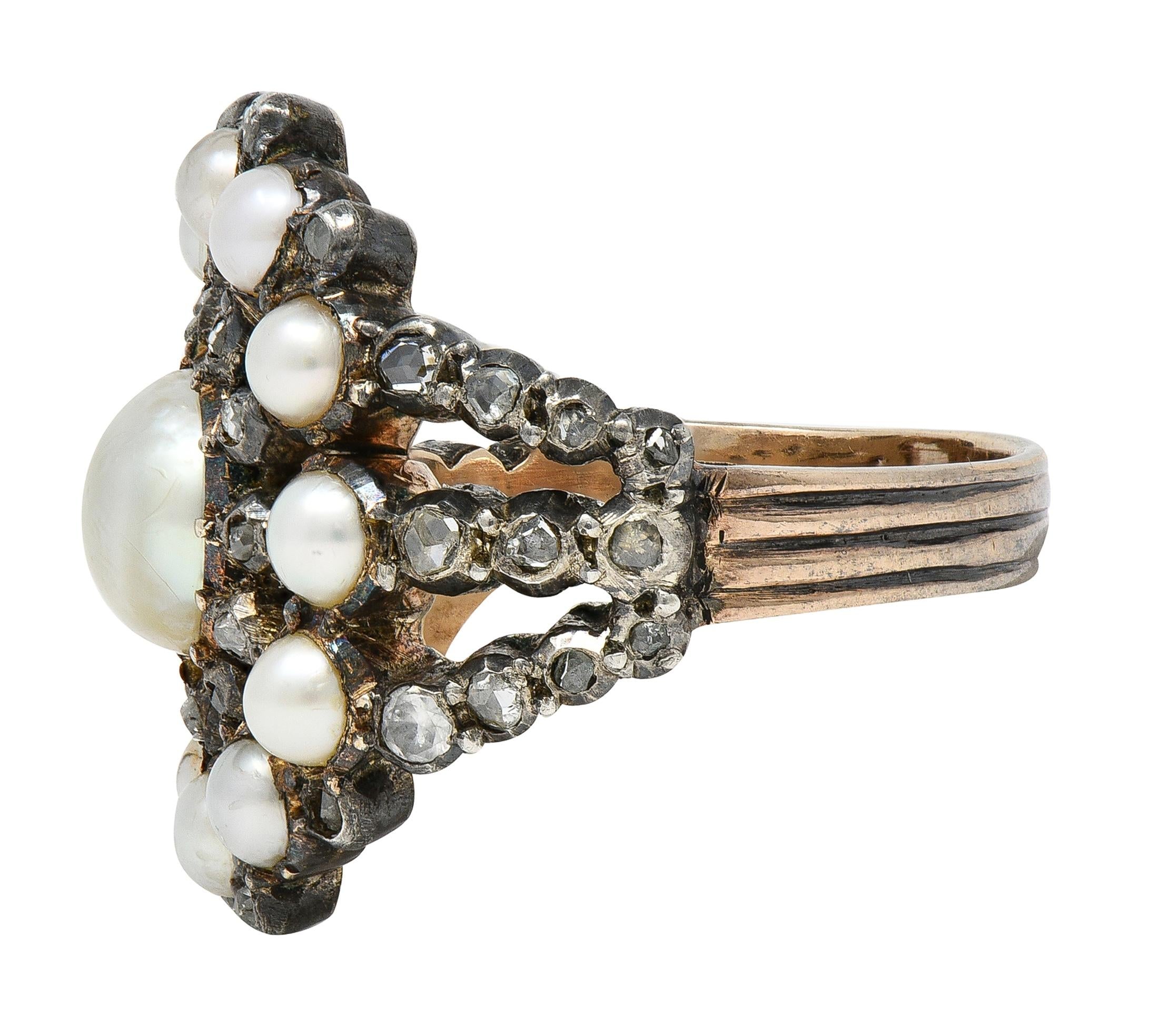 Victorian Diamond Pearl Sterling Silver 12 Karat Gold Antique Radial Burst Ring