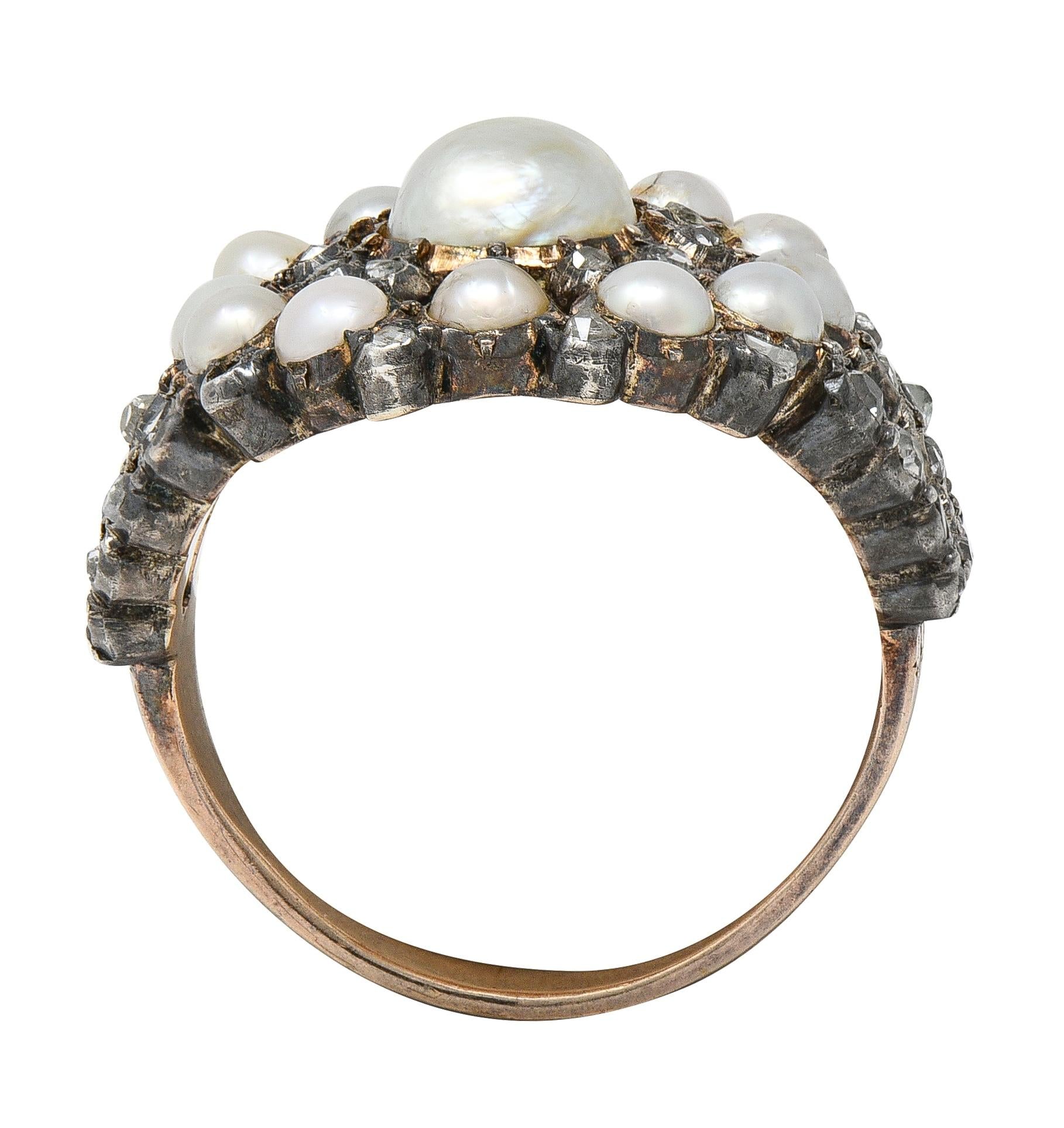 Victorian Diamond Pearl Sterling Silver 12 Karat Gold Antique Radial Burst Ring