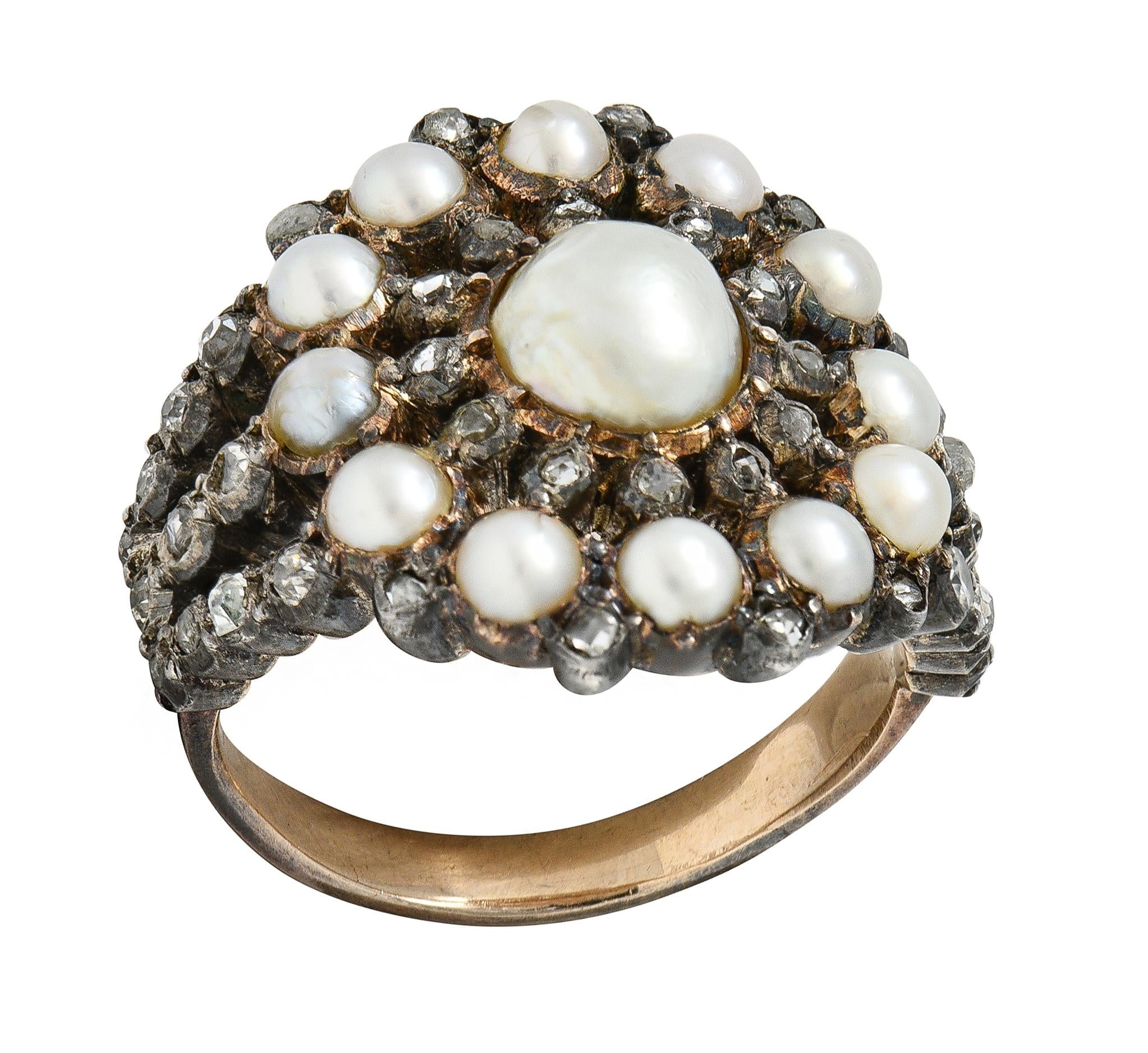 Victorian Diamond Pearl Sterling Silver 12 Karat Gold Antique Radial Burst Ring