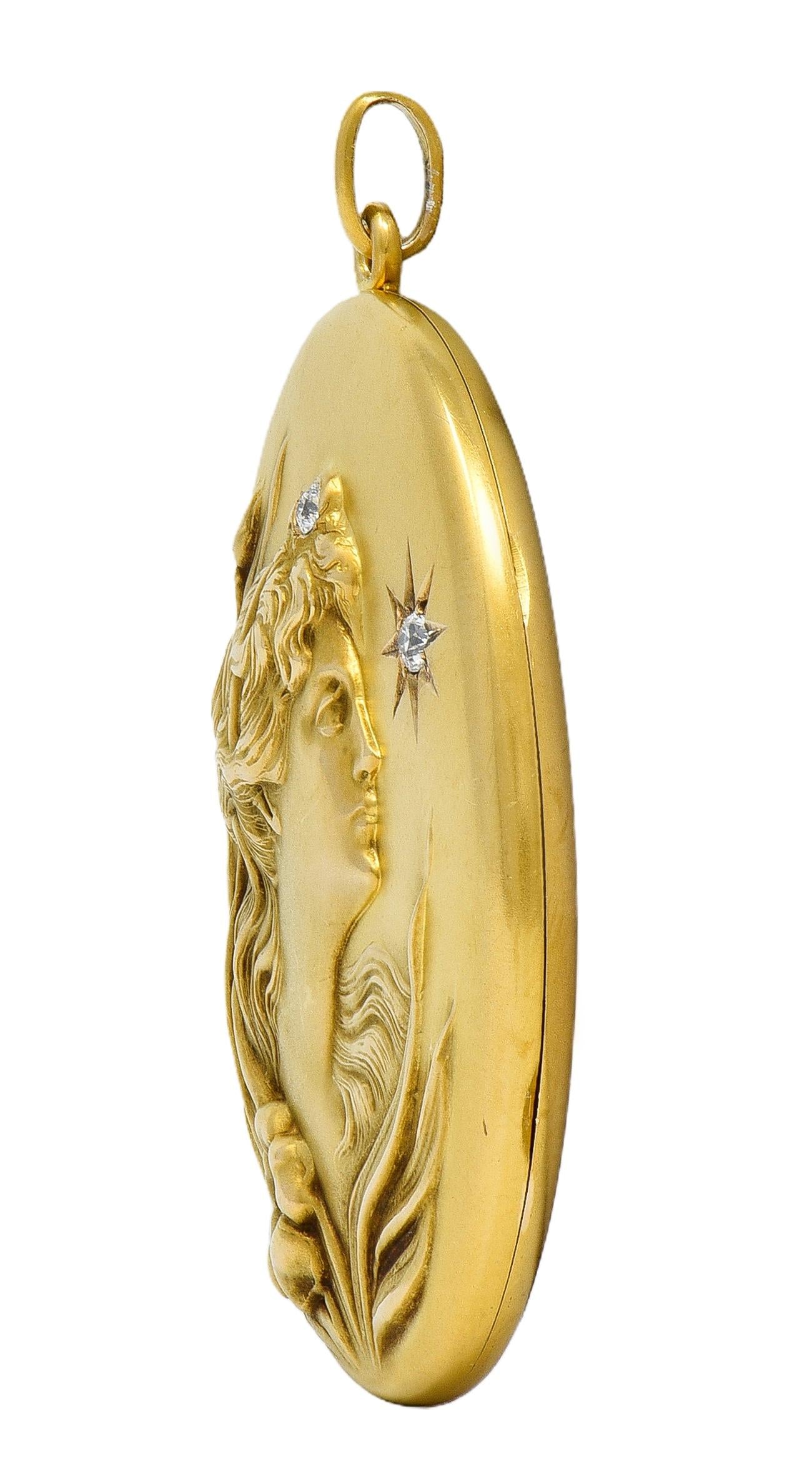 Art Nouveau Diamond 14 Karat Yellow Gold Antique Lady Locket Pendant