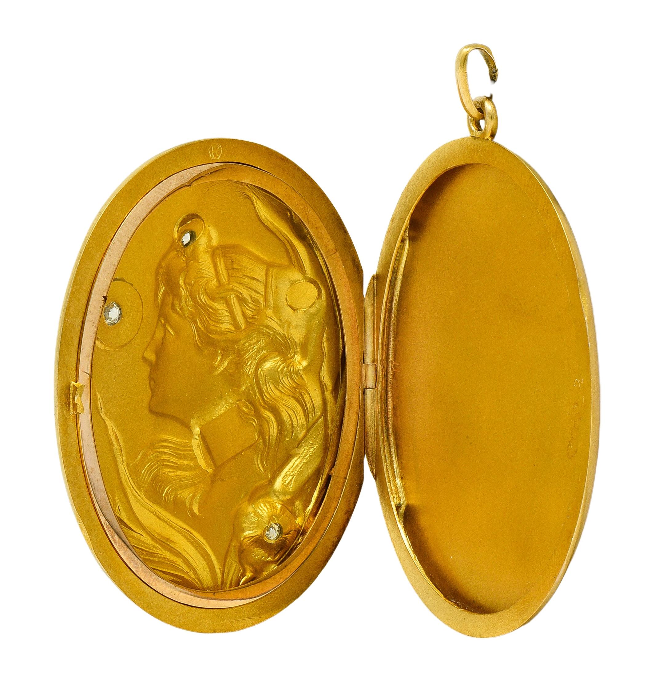 Art Nouveau Diamond 14 Karat Yellow Gold Antique Lady Locket Pendant