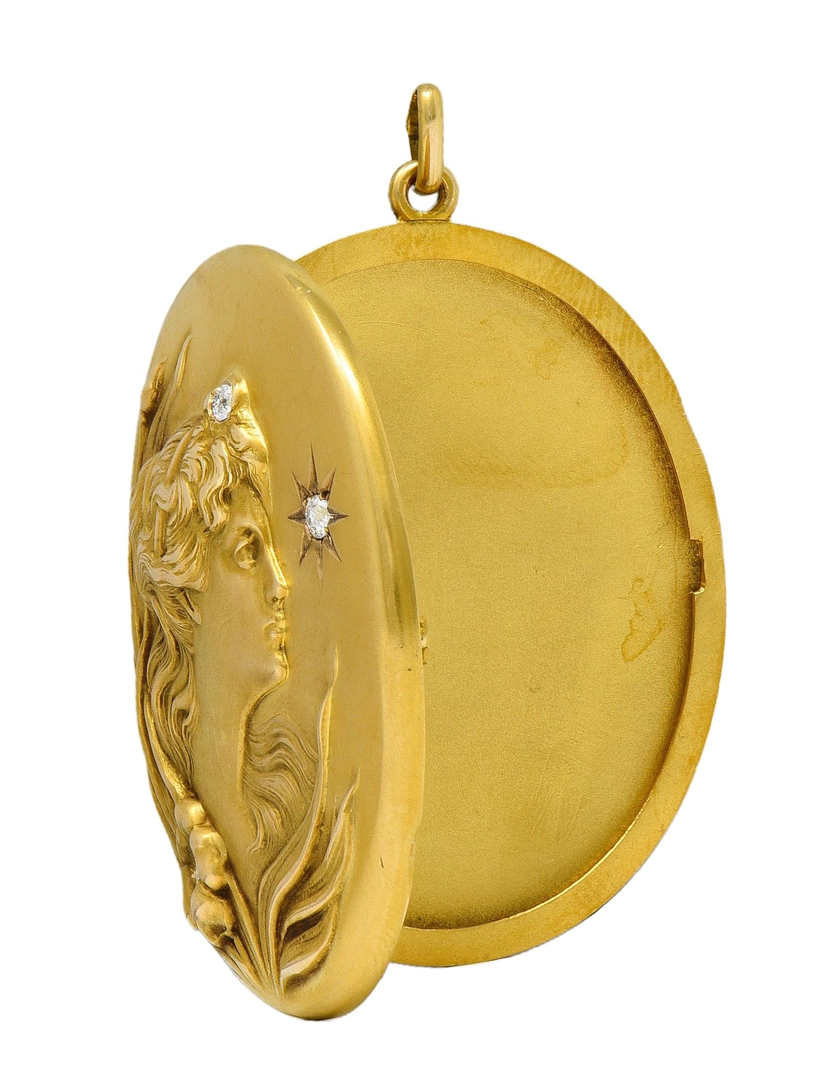 Art Nouveau Diamond 14 Karat Yellow Gold Antique Lady Locket Pendant