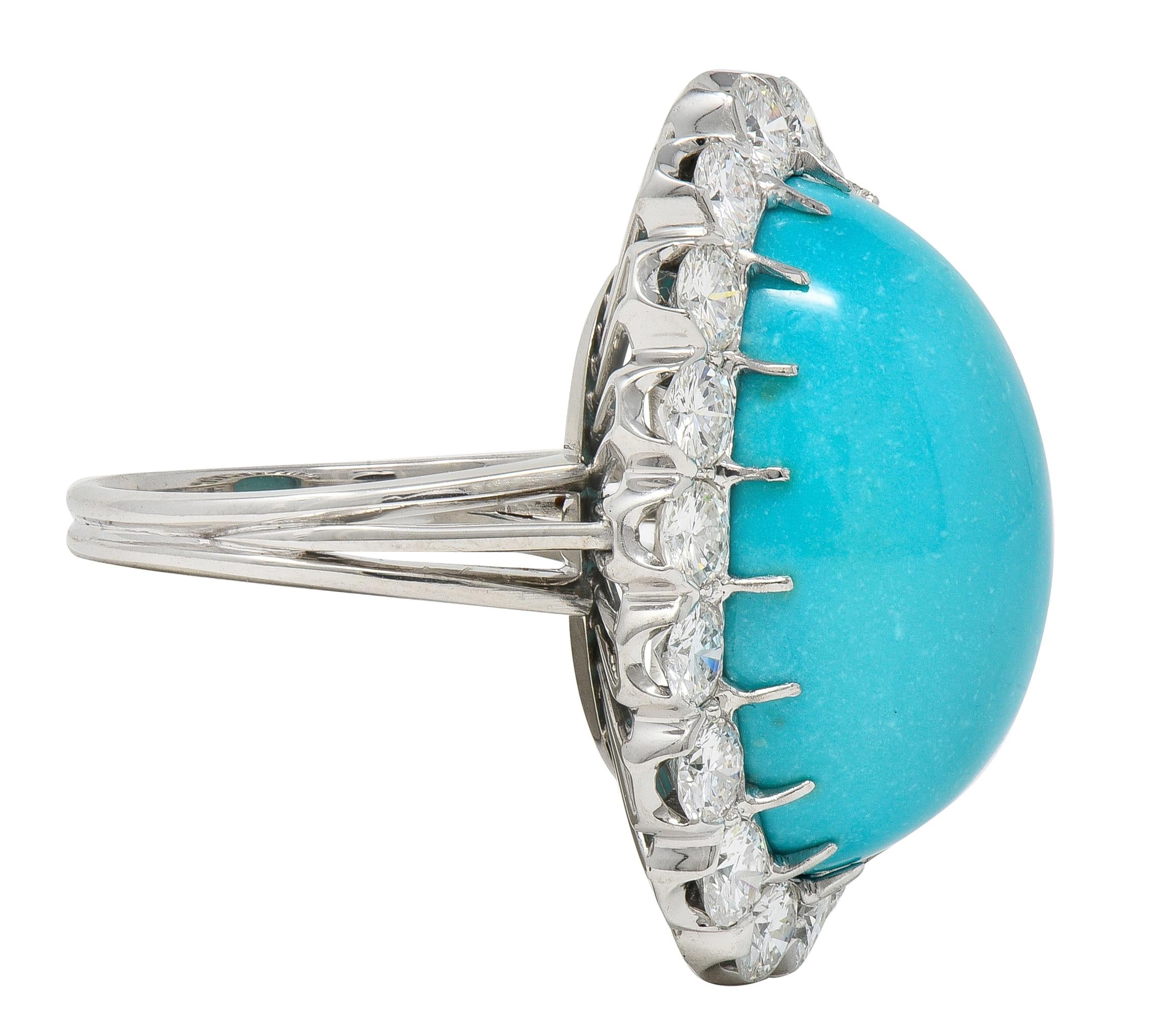 Mid-Century 3.24 CTW Diamond Turquoise 18K White Gold Vintage Wire Halo Ring