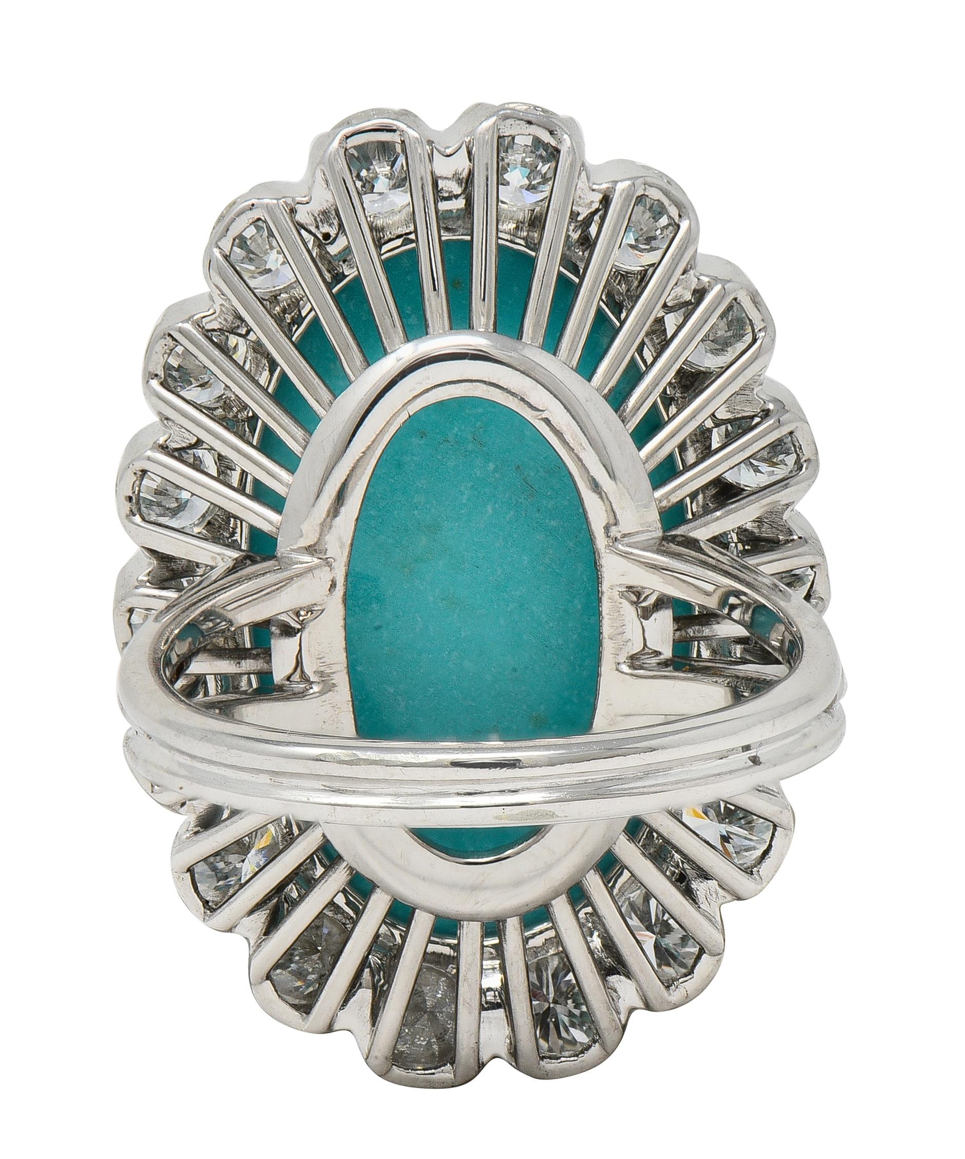 Mid-Century 3.24 CTW Diamond Turquoise 18K White Gold Vintage Wire Halo Ring