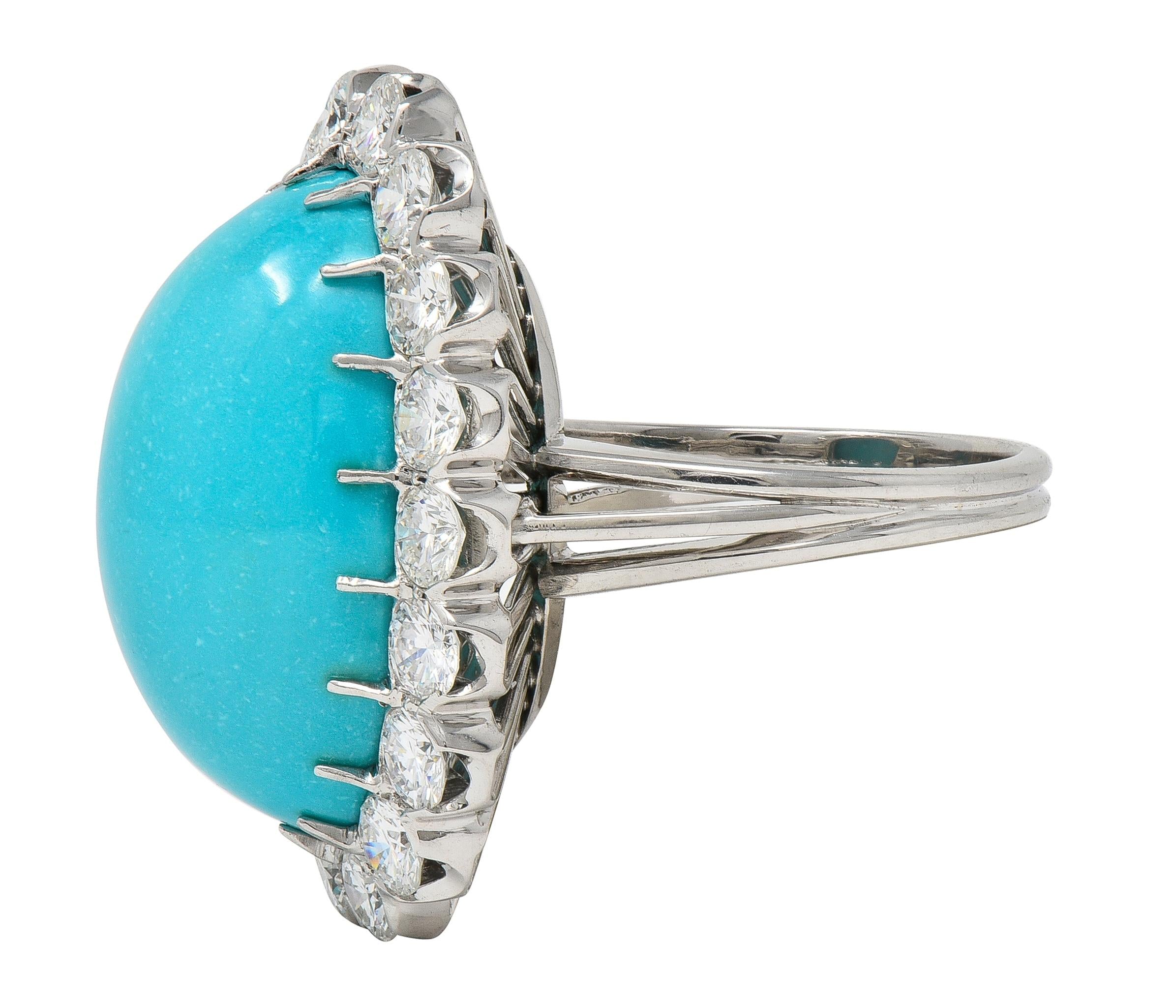 Mid-Century 3.24 CTW Diamond Turquoise 18K White Gold Vintage Wire Halo Ring