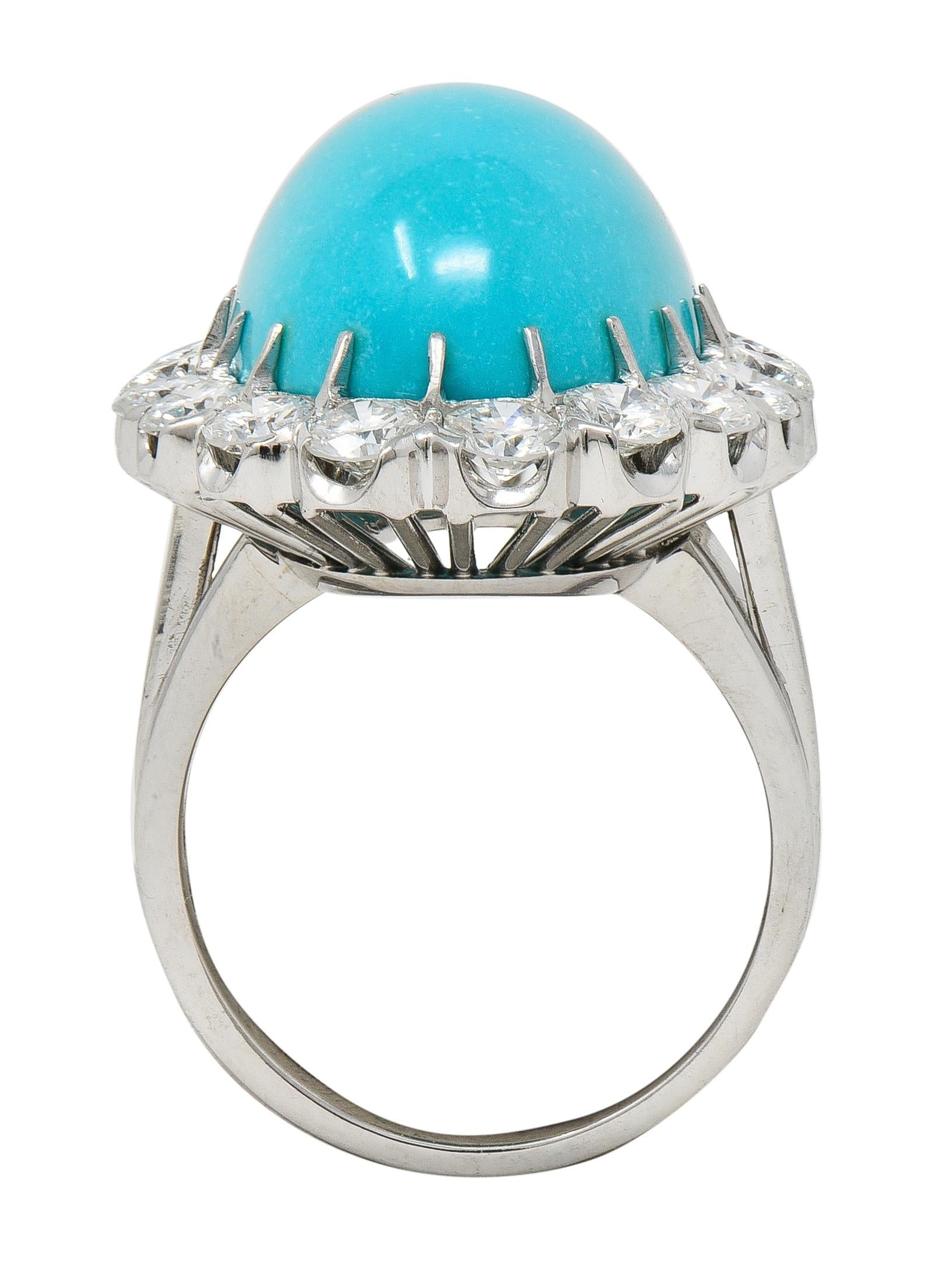 Mid-Century 3.24 CTW Diamond Turquoise 18K White Gold Vintage Wire Halo Ring