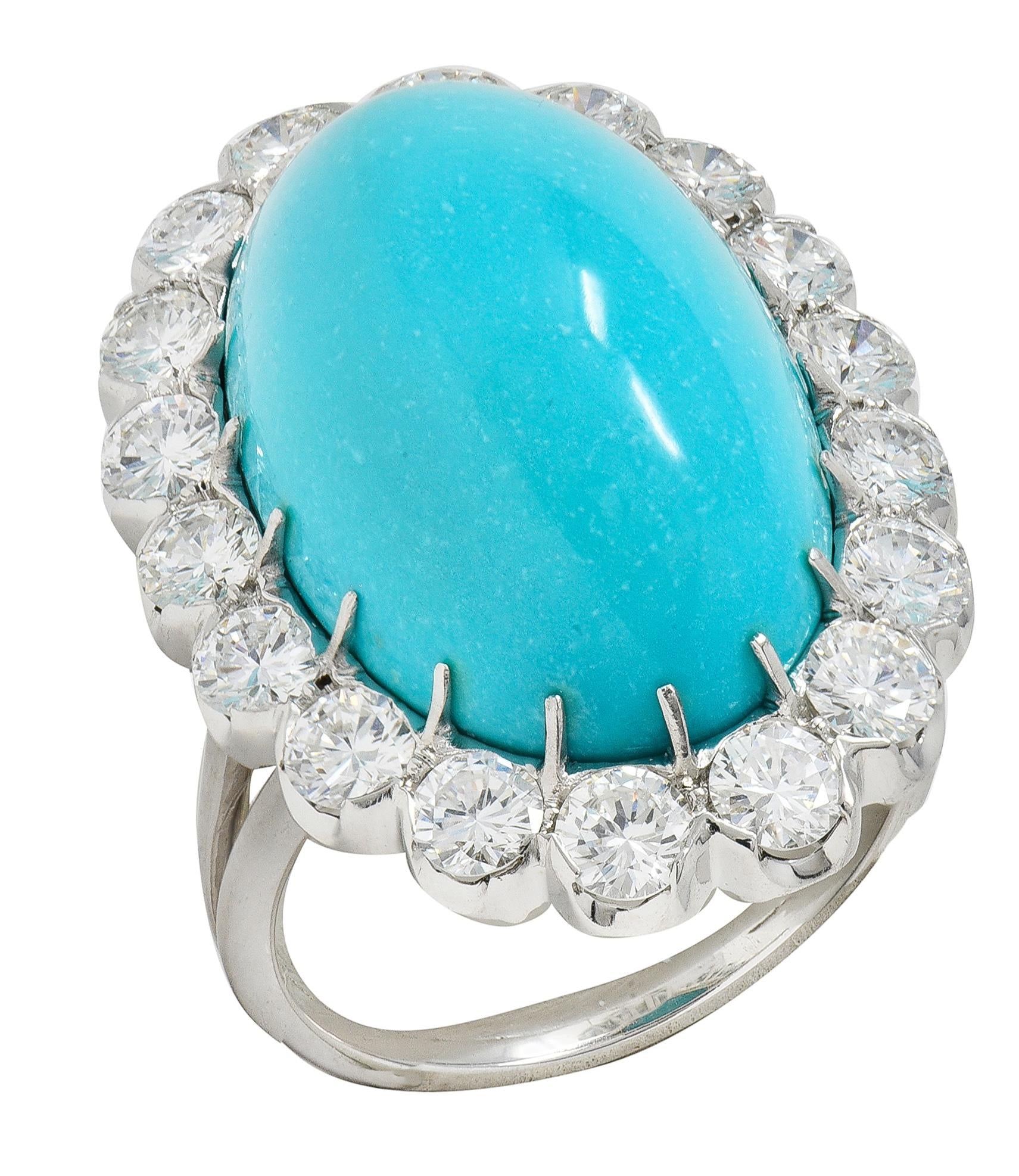 Mid-Century 3.24 CTW Diamond Turquoise 18K White Gold Vintage Wire Halo Ring