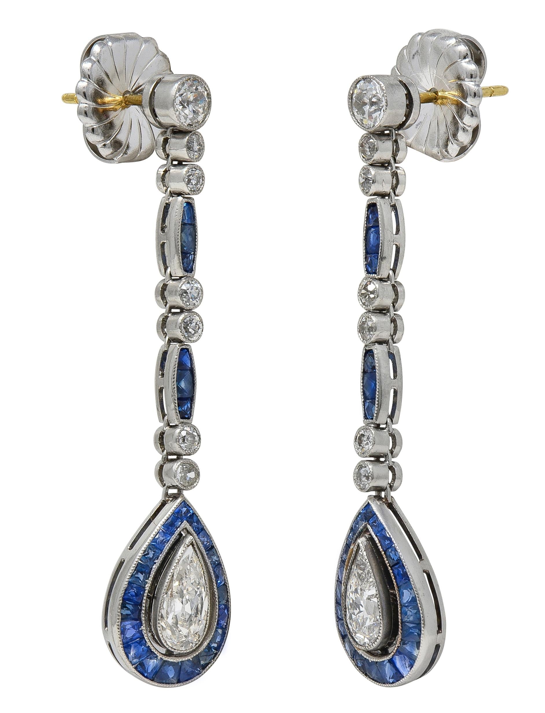 Art Deco 4.20 CTW Sapphire Diamond Platinum Vintage Halo Drop Earrings