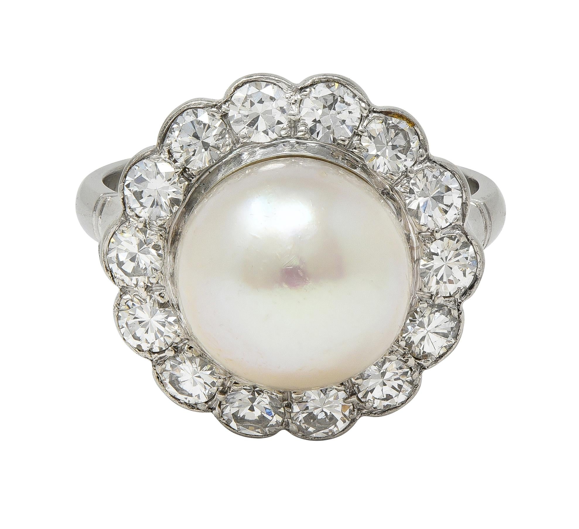 Mid-Century Pearl Diamond Platinum Vintage Halo Ring
