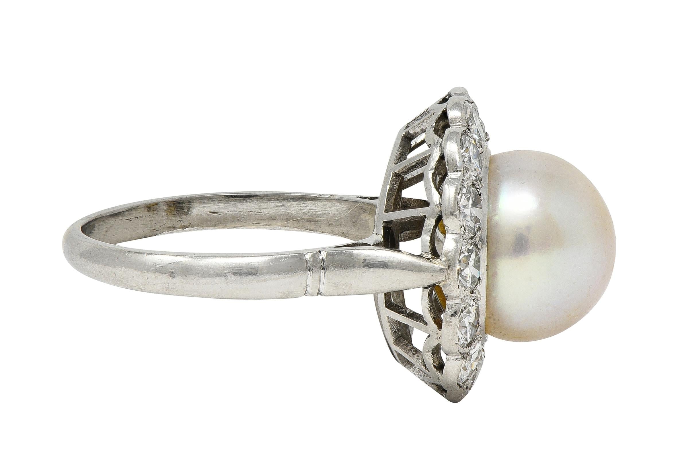 Mid-Century Pearl Diamond Platinum Vintage Halo Ring