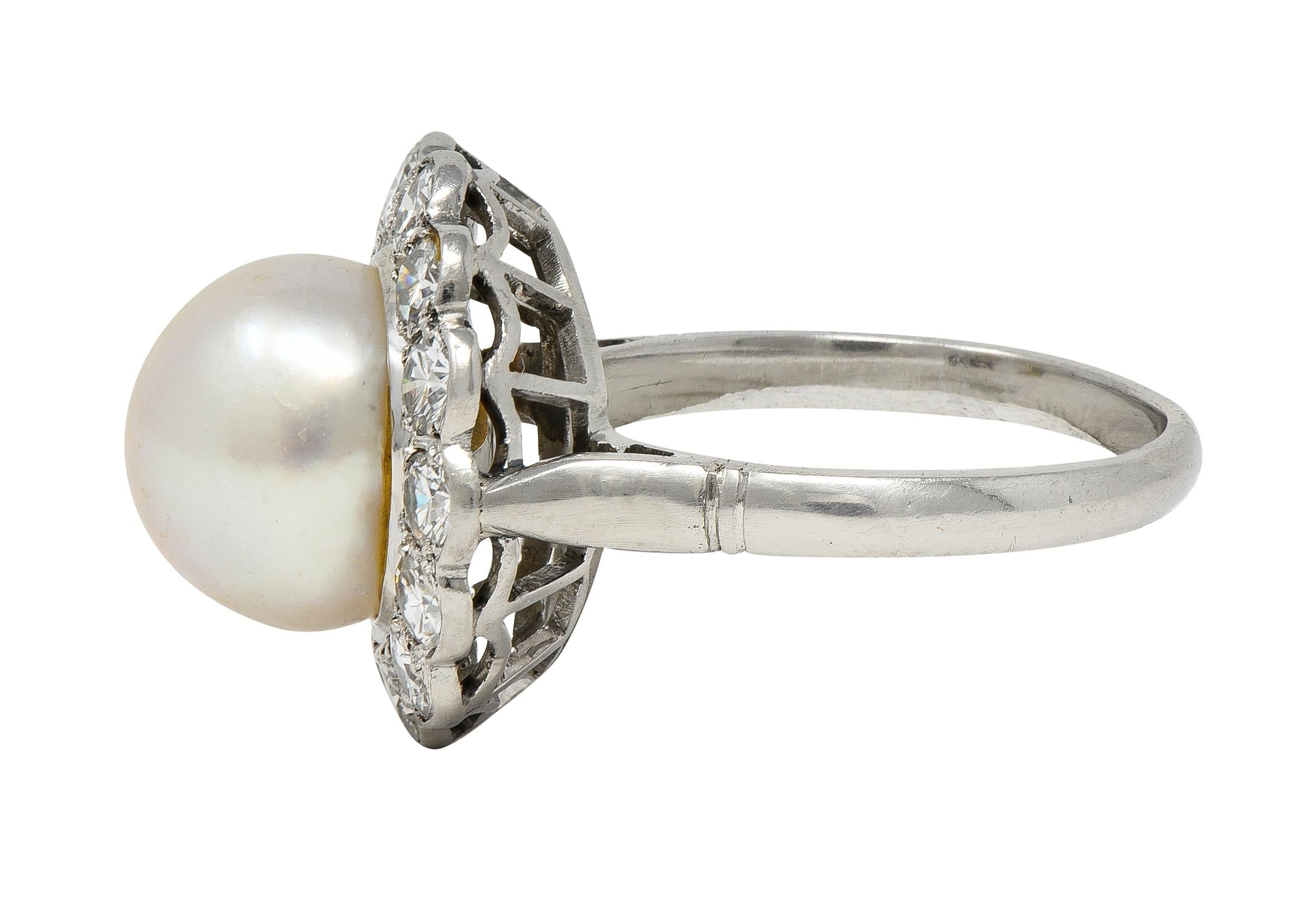 Mid-Century Pearl Diamond Platinum Vintage Halo Ring