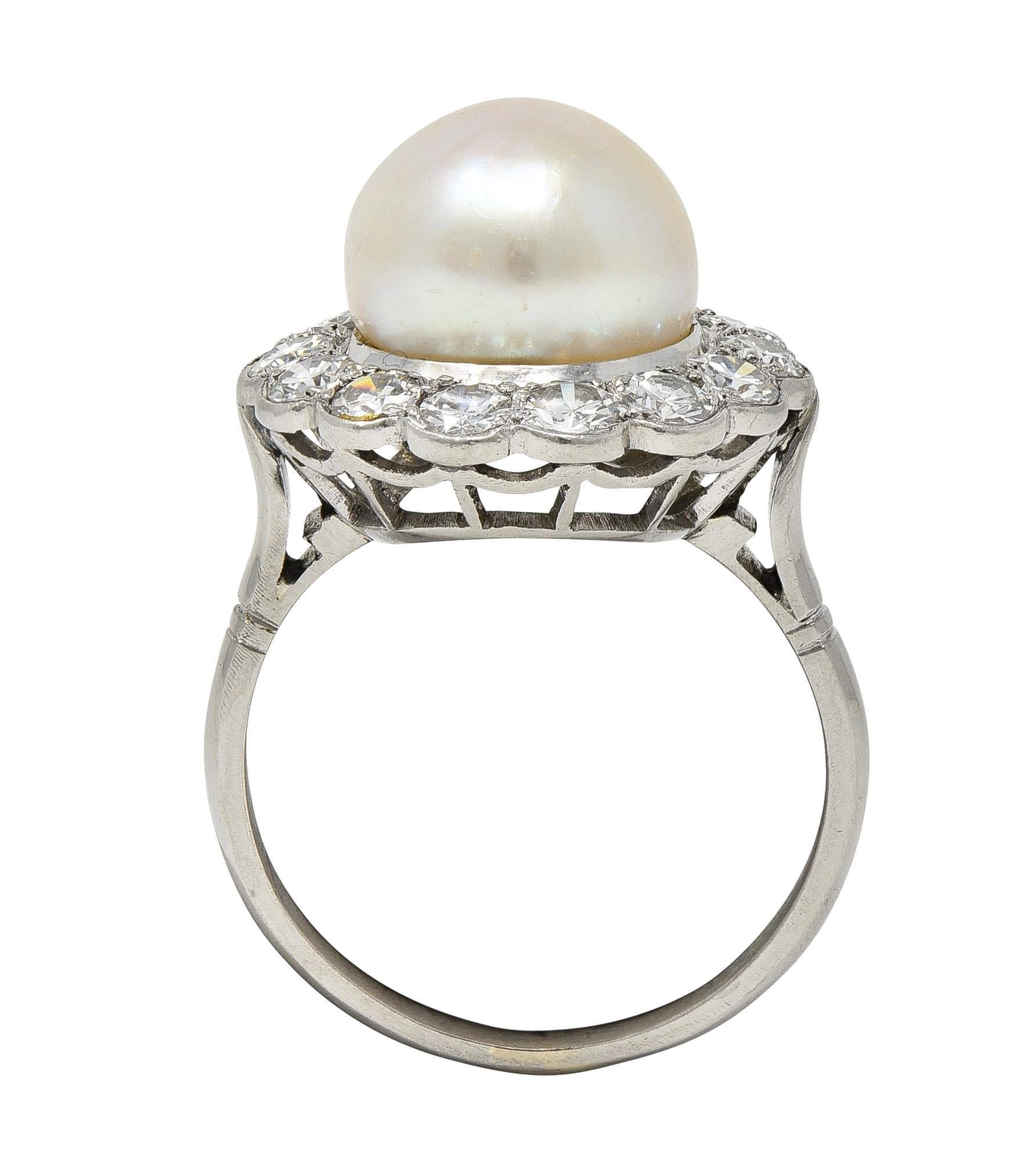 Mid-Century Pearl Diamond Platinum Vintage Halo Ring