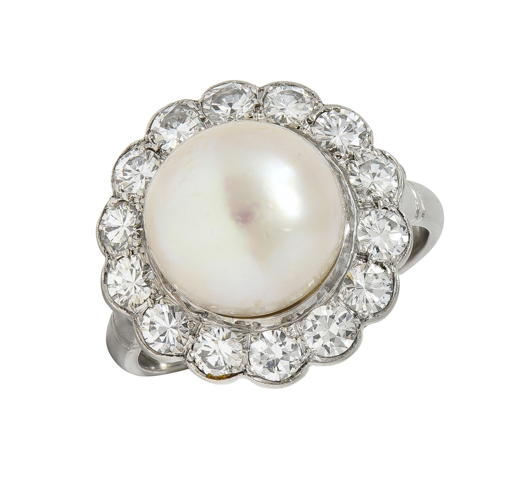 Mid-Century Pearl Diamond Platinum Vintage Halo Ring
