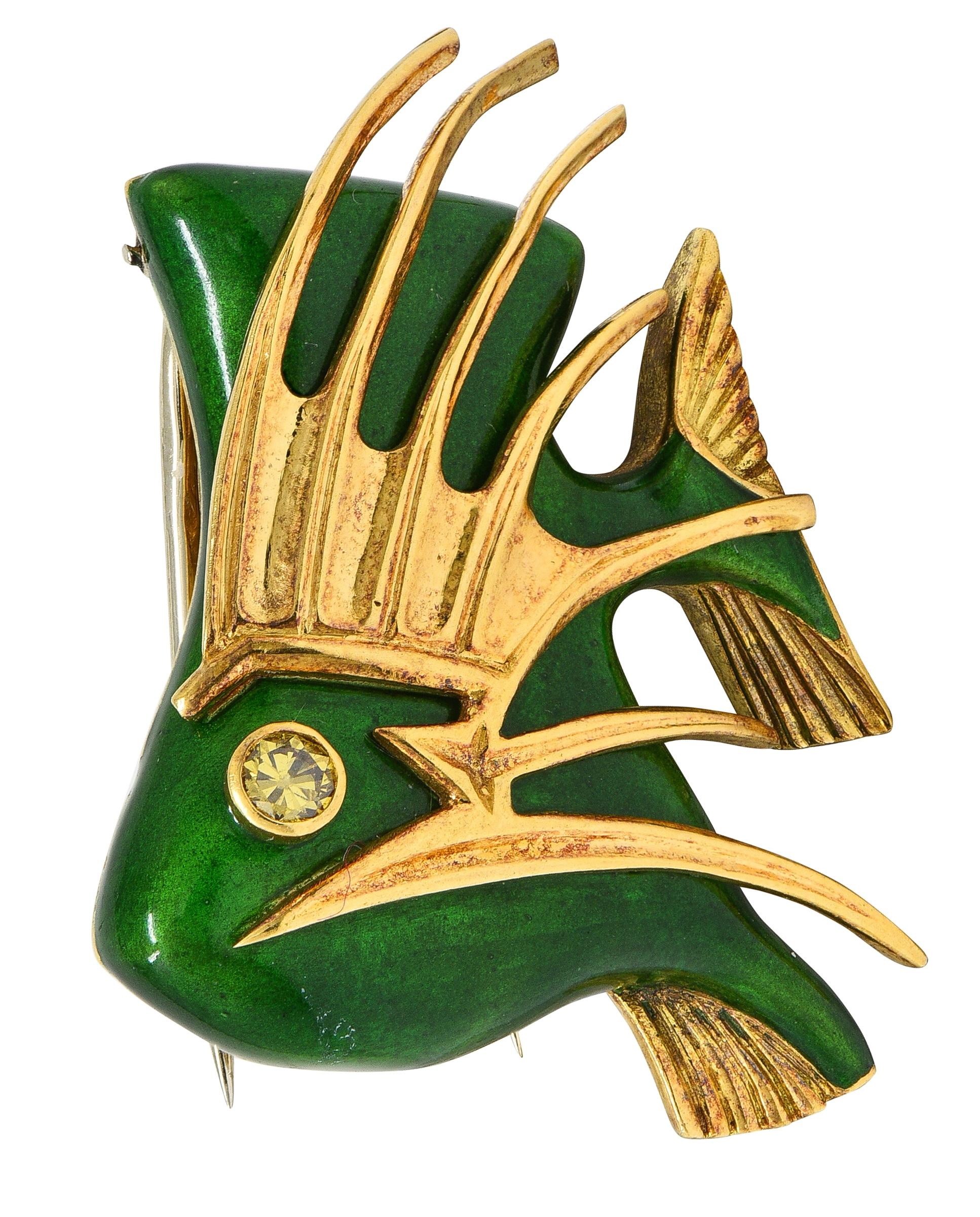 Cartier French 1960's Diamond Enamel 18K Gold Vintage Tropical Fish Brooch