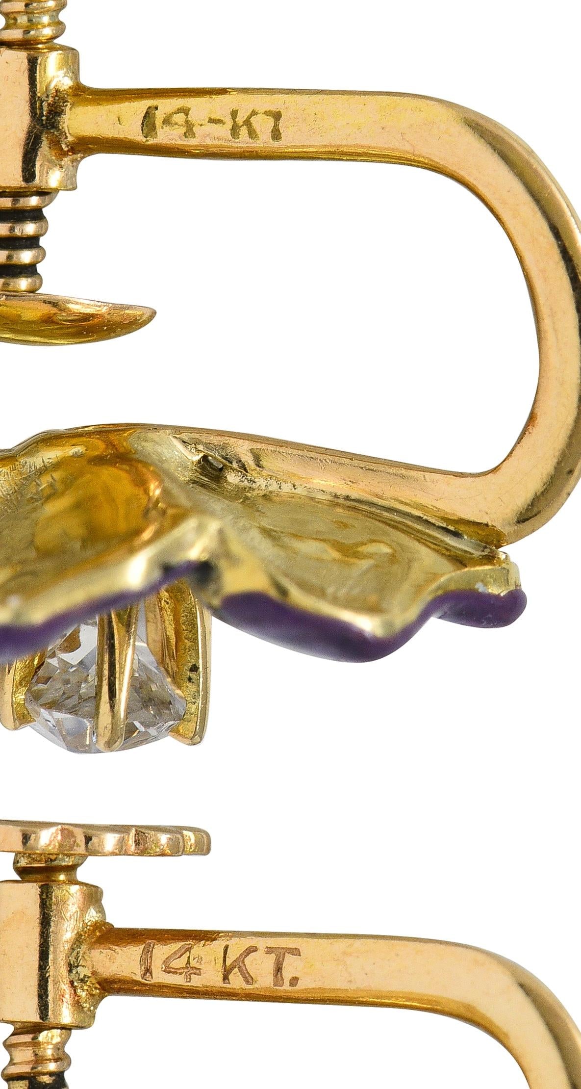 Art Nouveau Diamond Enamel 14K Gold Antique Painted Pansy Screw-Back Earrings