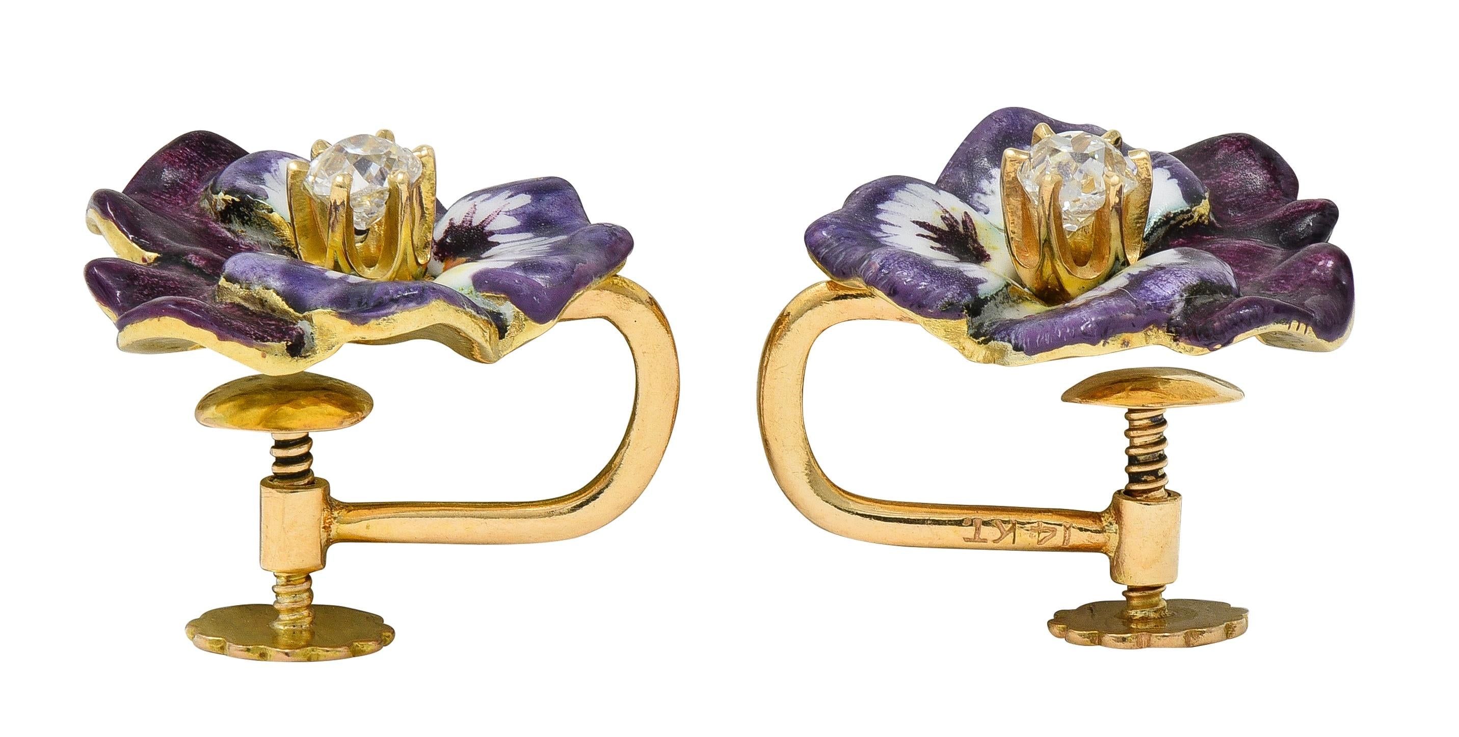 Art Nouveau Diamond Enamel 14K Gold Antique Painted Pansy Screw-Back Earrings