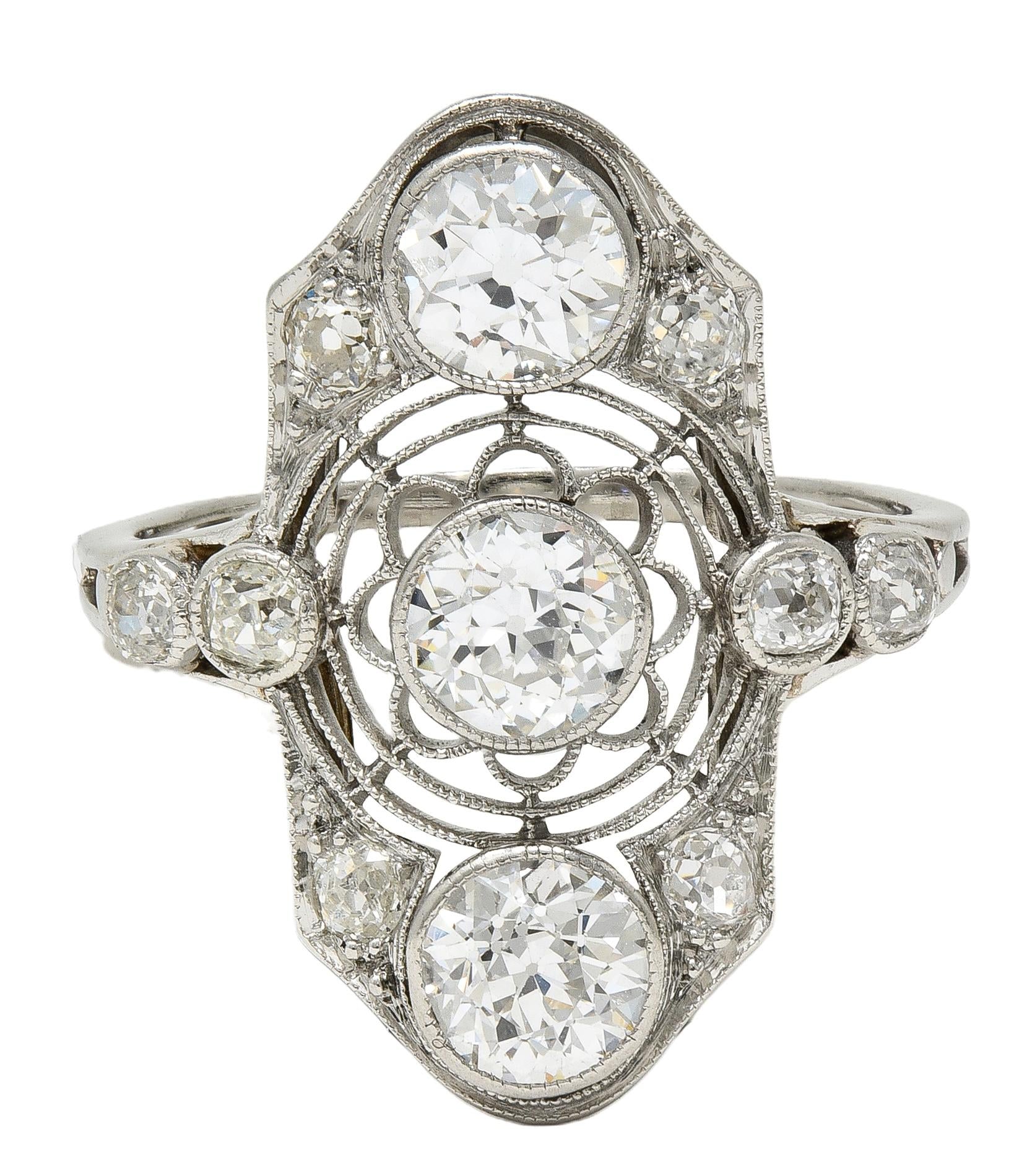 Art Deco 2.50 CTW European Diamond Platinum Vintage Floral Navette Dinner Ring