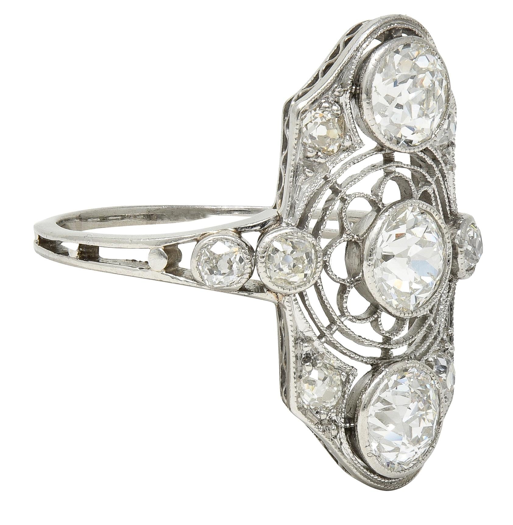 Art Deco 2.50 CTW European Diamond Platinum Vintage Floral Navette Dinner Ring