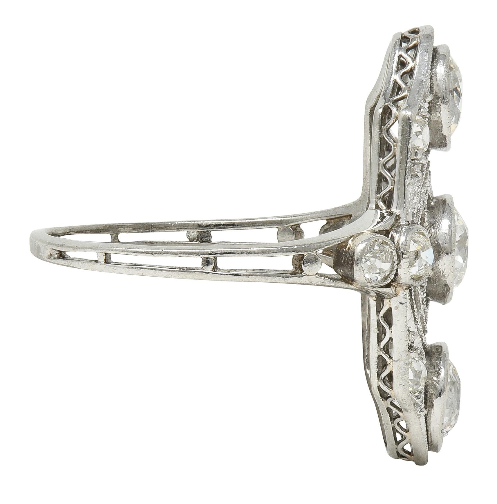 Art Deco 2.50 CTW European Diamond Platinum Vintage Floral Navette Dinner Ring