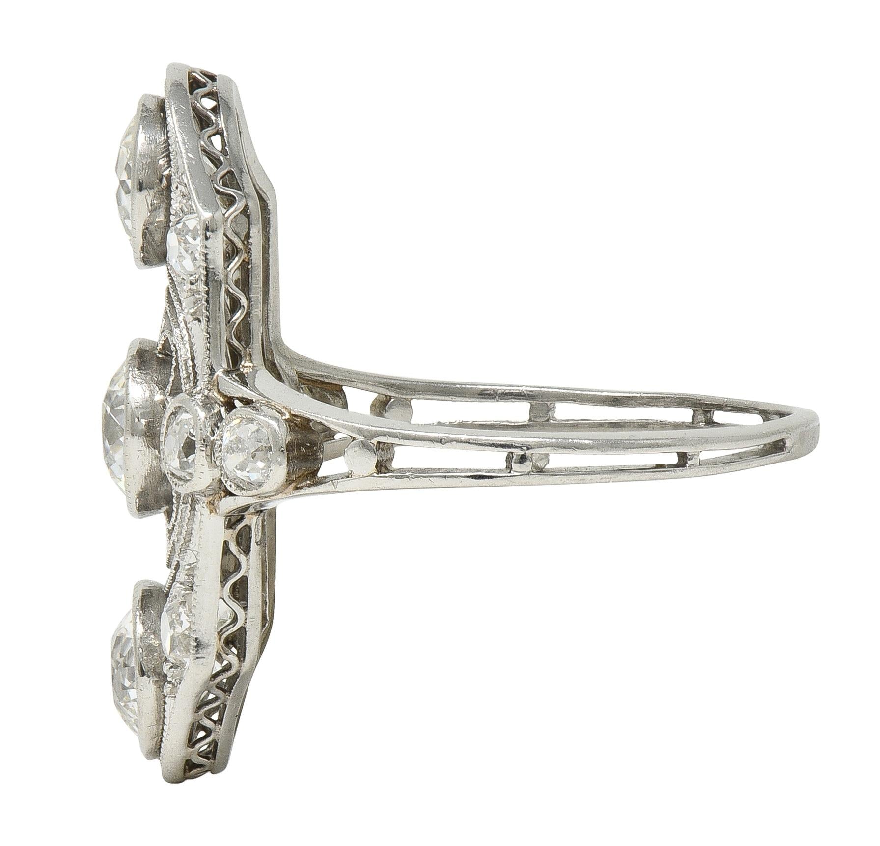 Art Deco 2.50 CTW European Diamond Platinum Vintage Floral Navette Dinner Ring