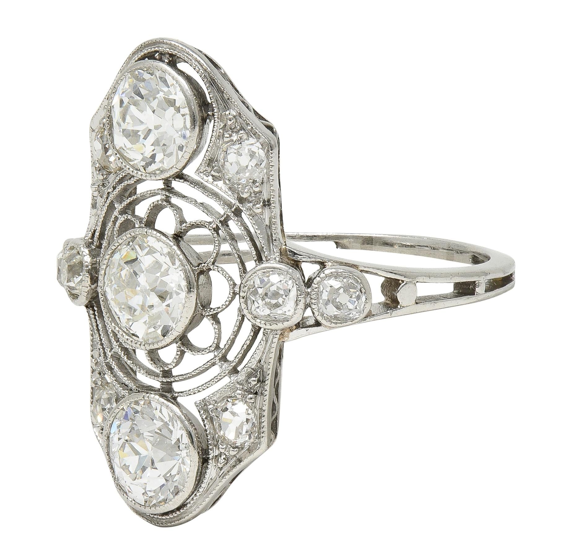 Art Deco 2.50 CTW European Diamond Platinum Vintage Floral Navette Dinner Ring