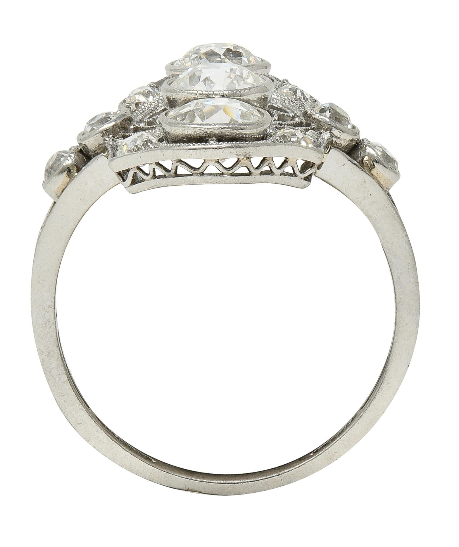 Art Deco 2.50 CTW European Diamond Platinum Vintage Floral Navette Dinner Ring