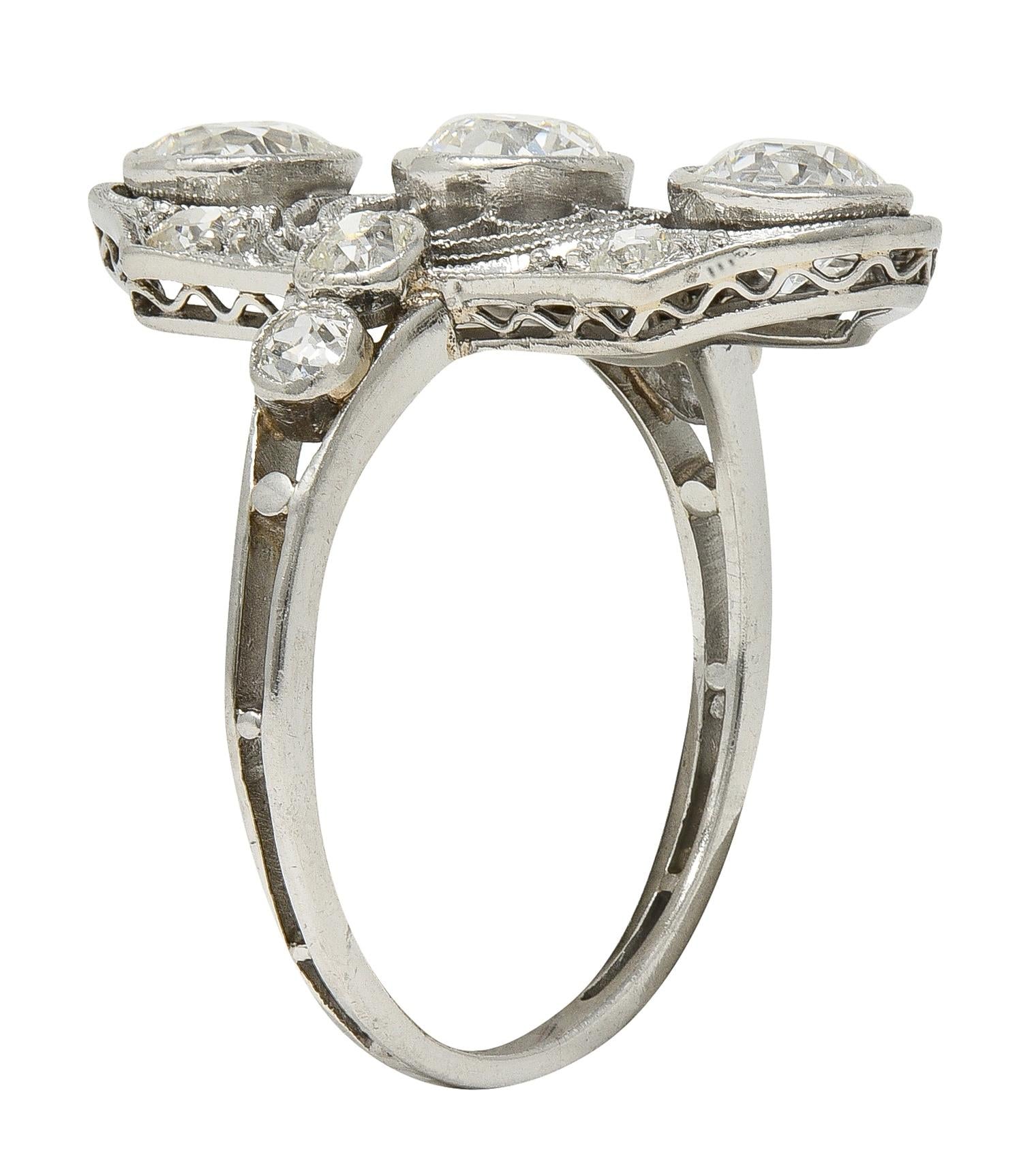 Art Deco 2.50 CTW European Diamond Platinum Vintage Floral Navette Dinner Ring