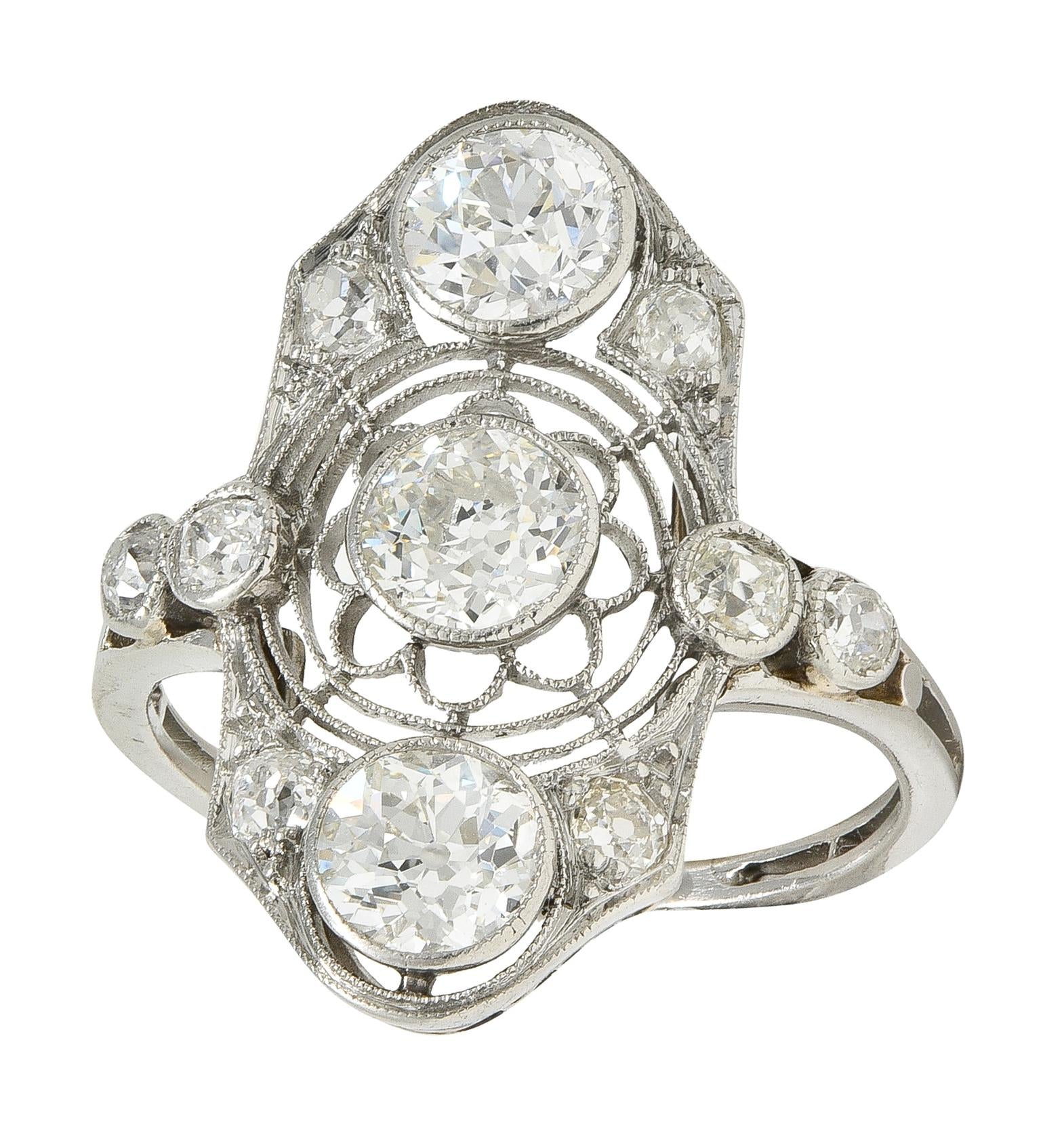 Art Deco 2.50 CTW European Diamond Platinum Vintage Floral Navette Dinner Ring