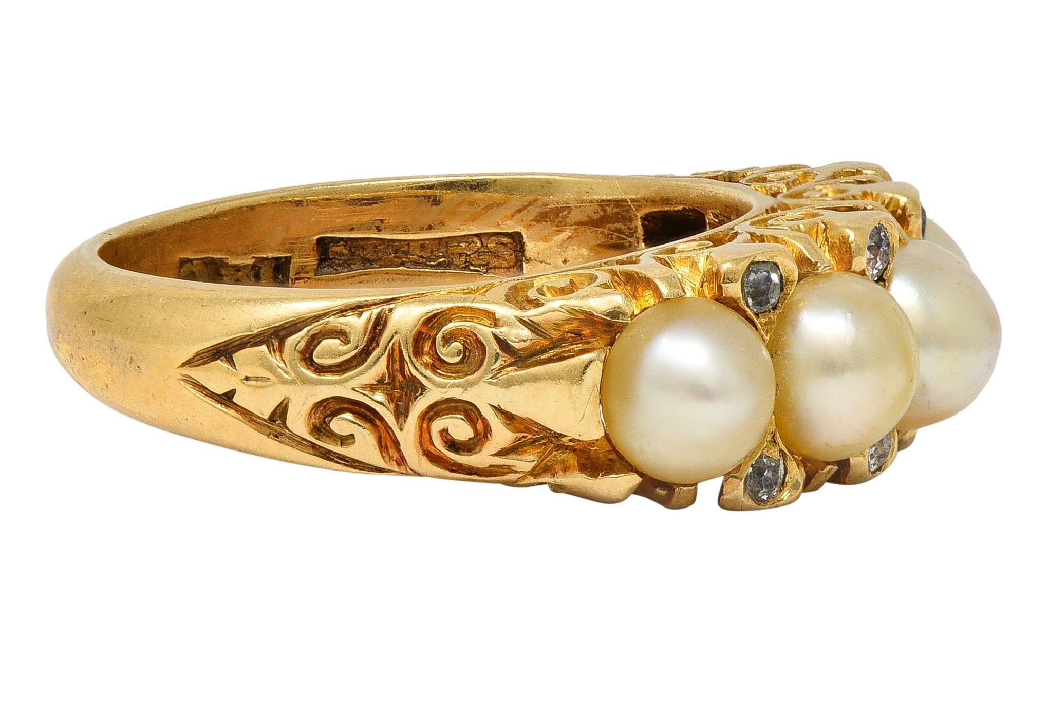 Art Nouveau Pearl Diamond 18 Karat Yellow Gold Antique Scrolling Band Ring