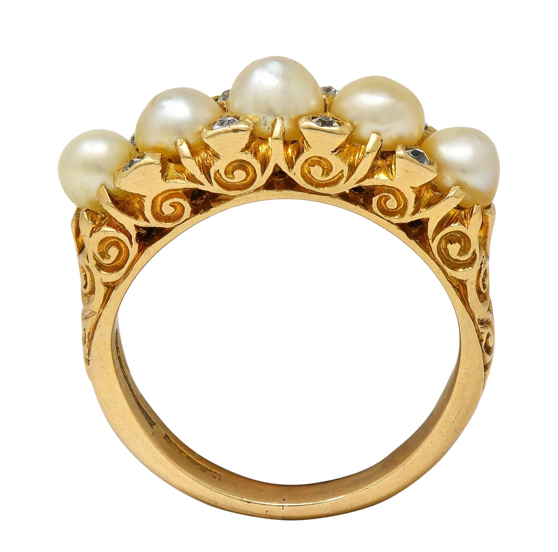 Art Nouveau Pearl Diamond 18 Karat Yellow Gold Antique Scrolling Band Ring