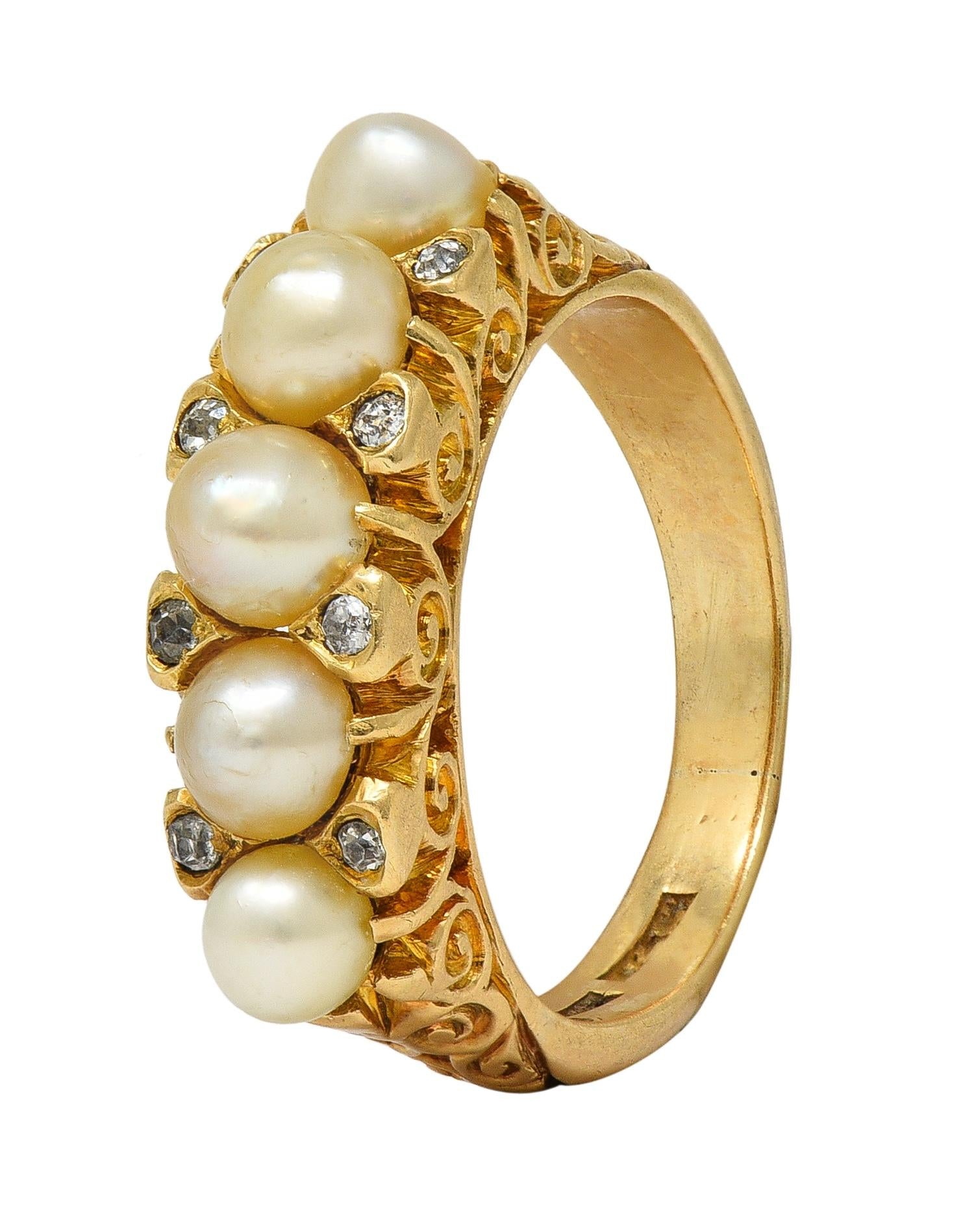 Art Nouveau Pearl Diamond 18 Karat Yellow Gold Antique Scrolling Band Ring
