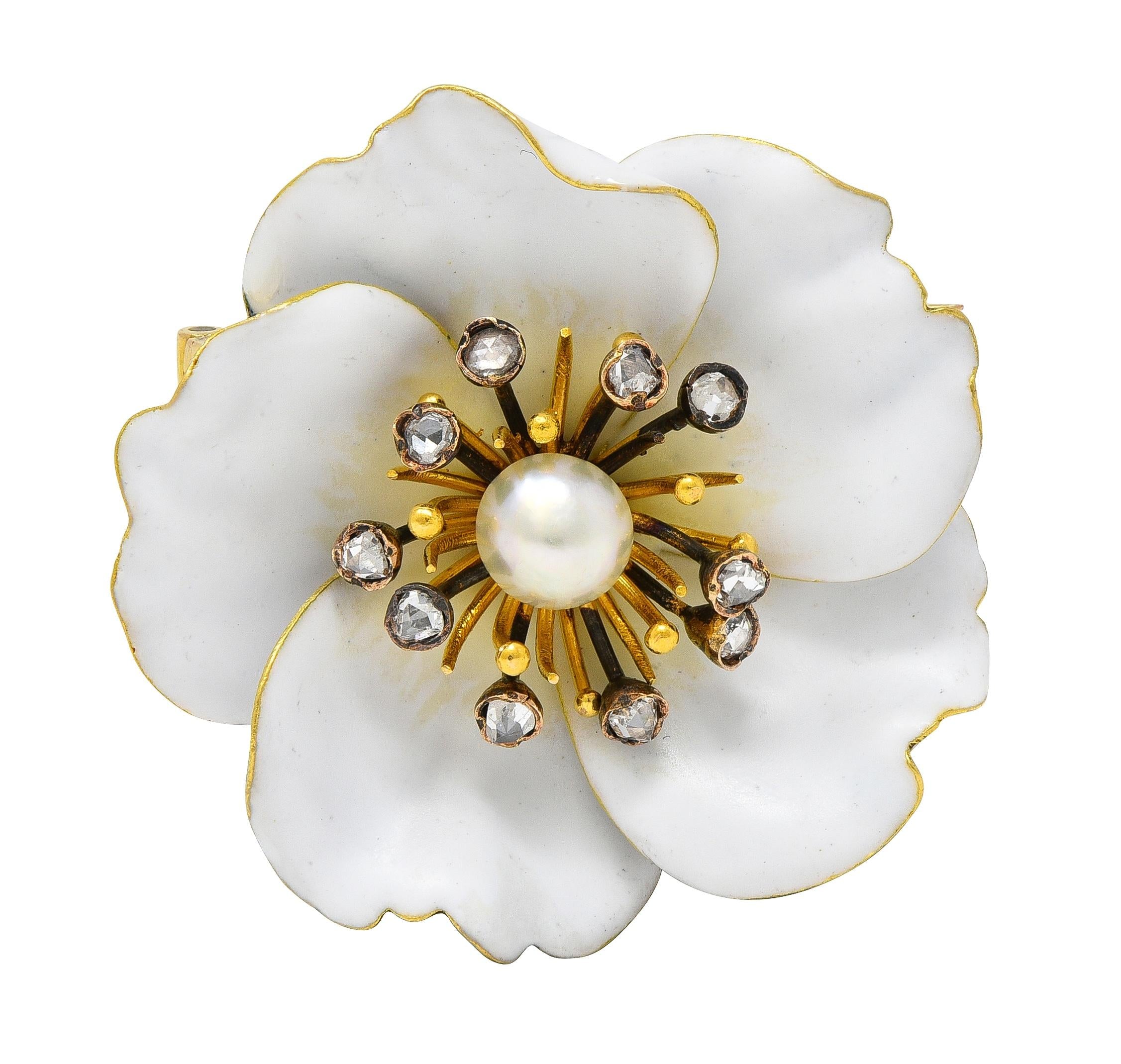 Art Nouveau French Diamond Pearl White Enamel 18K Yellow Antique Pansy Brooch
