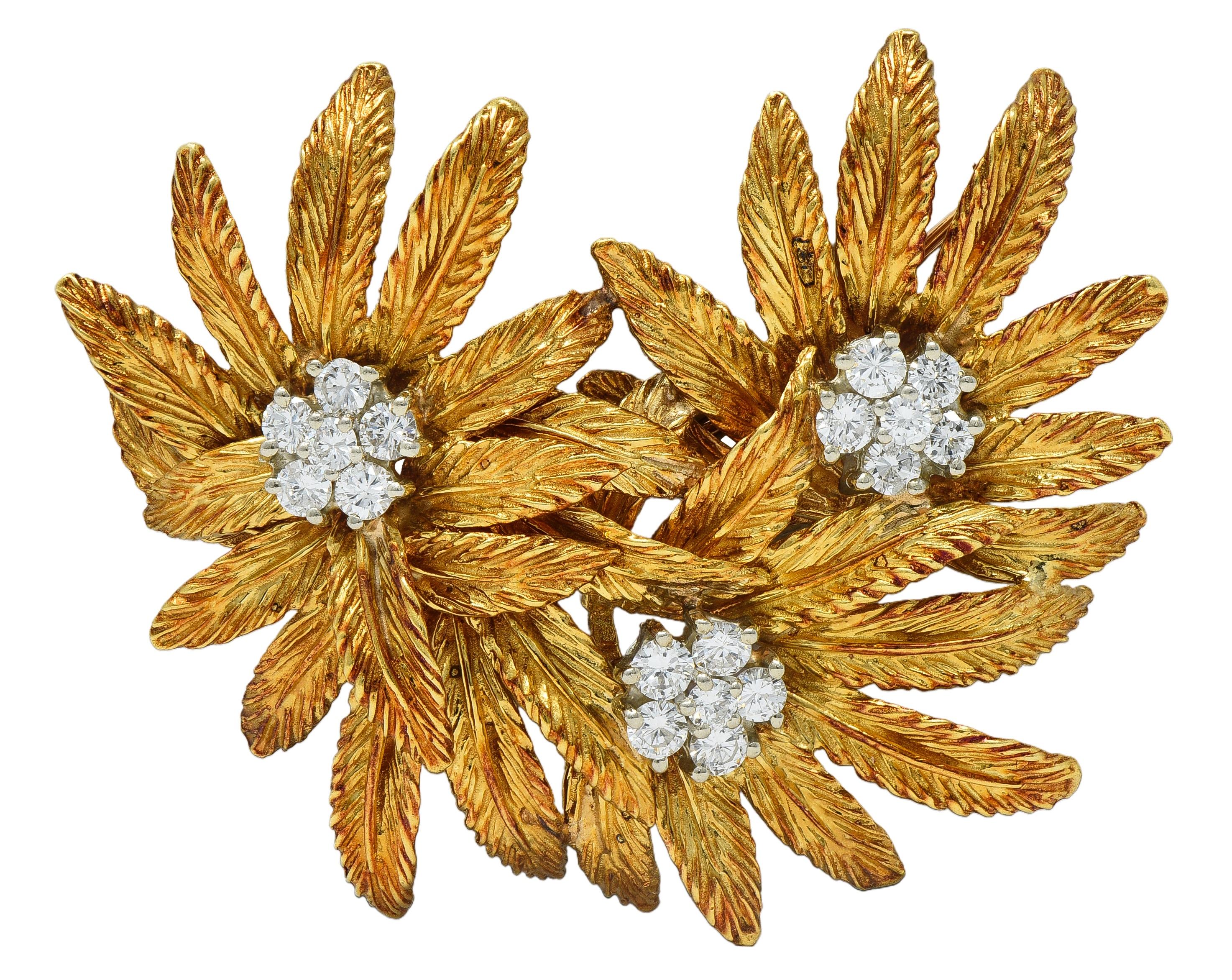 Tiffany & Co. Mid-Century 1.53 CTW Diamond 18 Karat Gold Vintage Flower Brooch