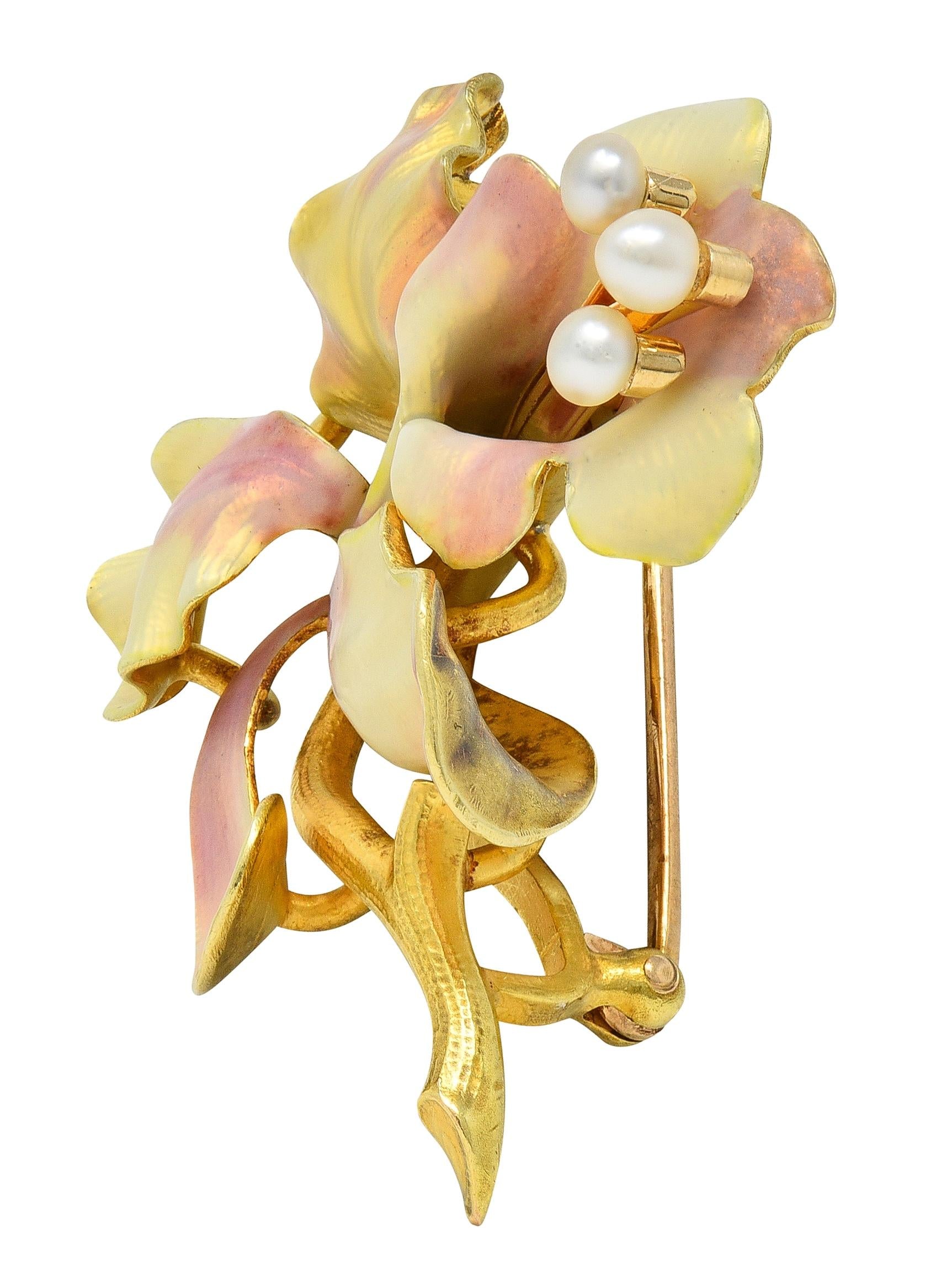 Art Nouveau Henry Blank & Co. Enamel 14K Yellow Gold Antique Bellflower Brooch