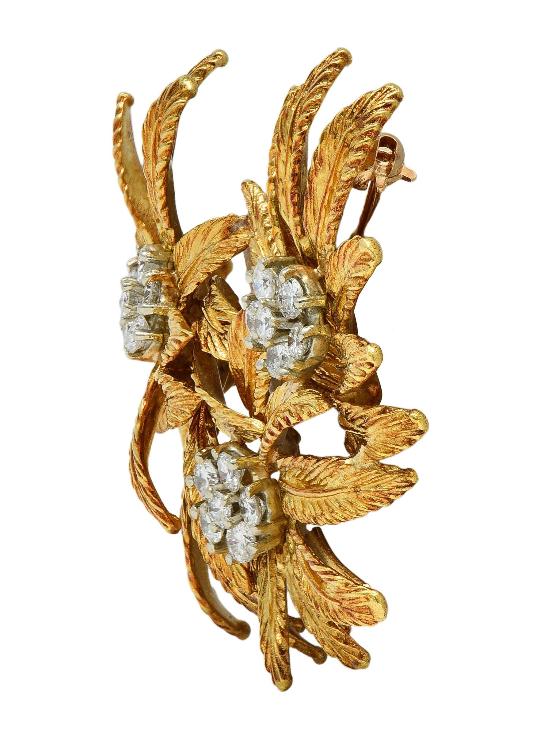 Tiffany & Co. Mid-Century 1.53 CTW Diamond 18 Karat Gold Vintage Flower Brooch
