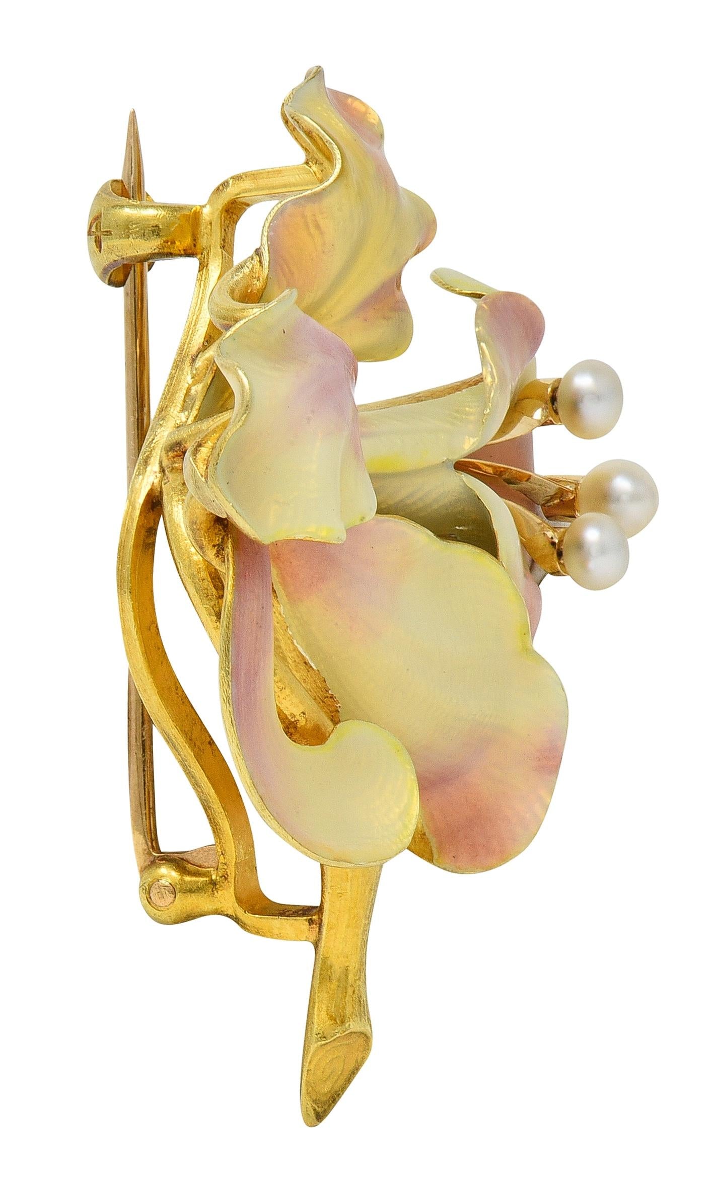 Art Nouveau Henry Blank & Co. Enamel 14K Yellow Gold Antique Bellflower Brooch