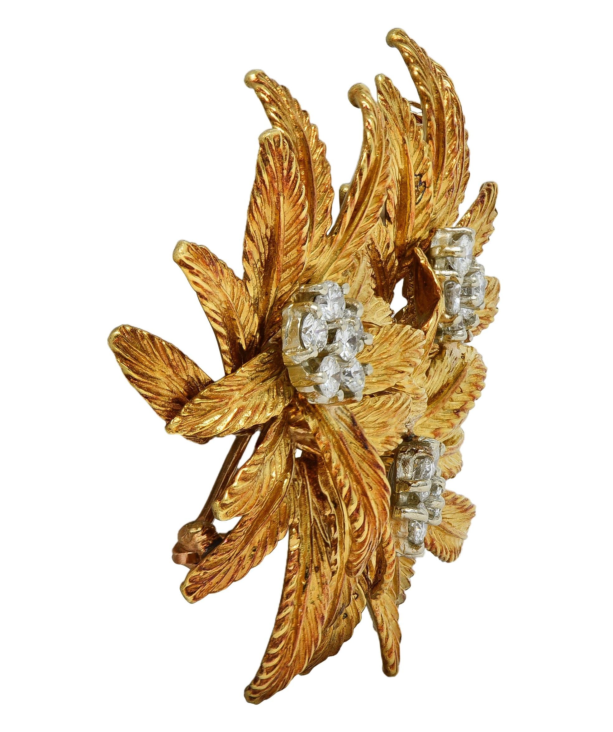 Tiffany & Co. Mid-Century 1.53 CTW Diamond 18 Karat Gold Vintage Flower Brooch