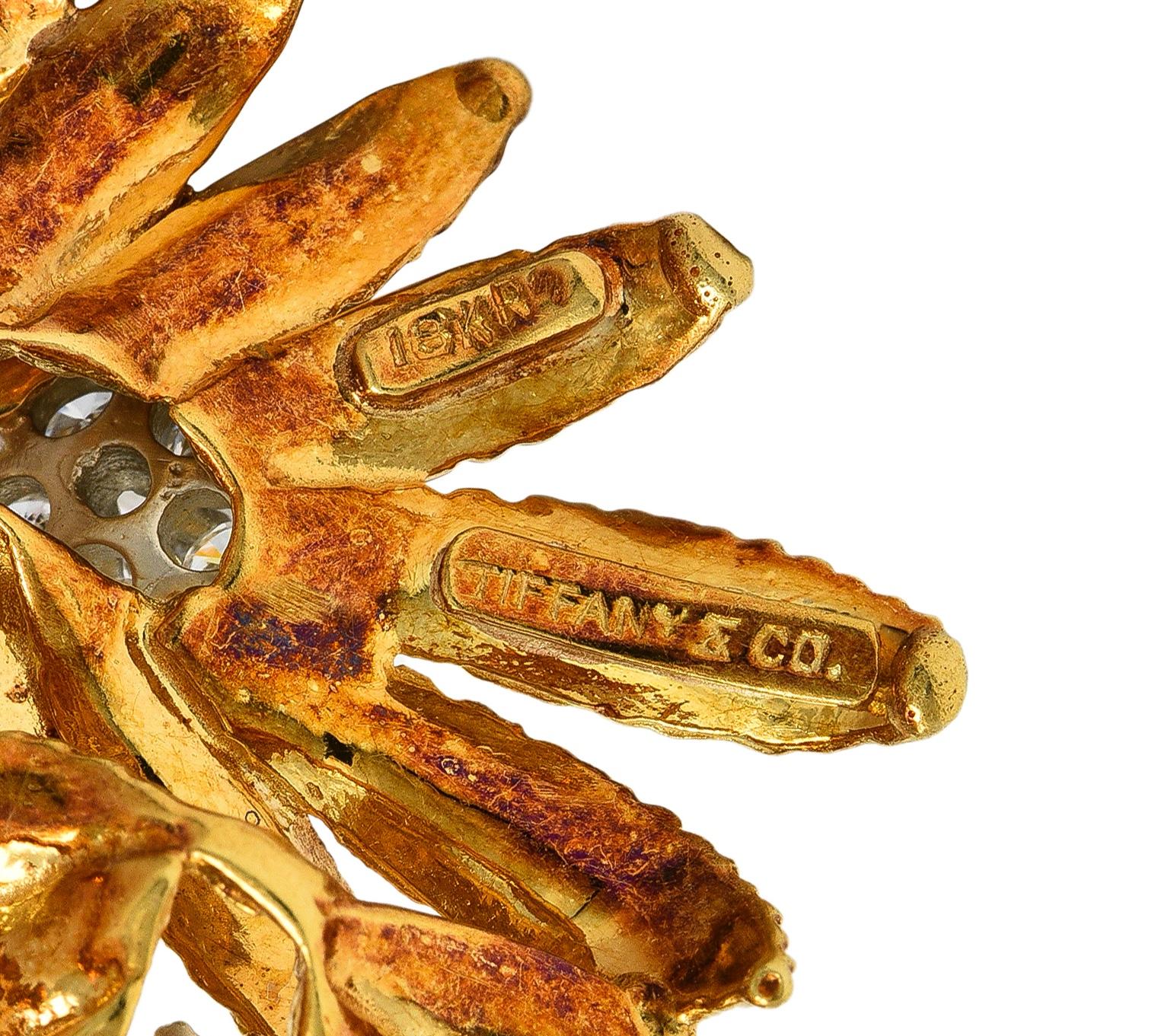 Tiffany & Co. Mid-Century 1.53 CTW Diamond 18 Karat Gold Vintage Flower Brooch