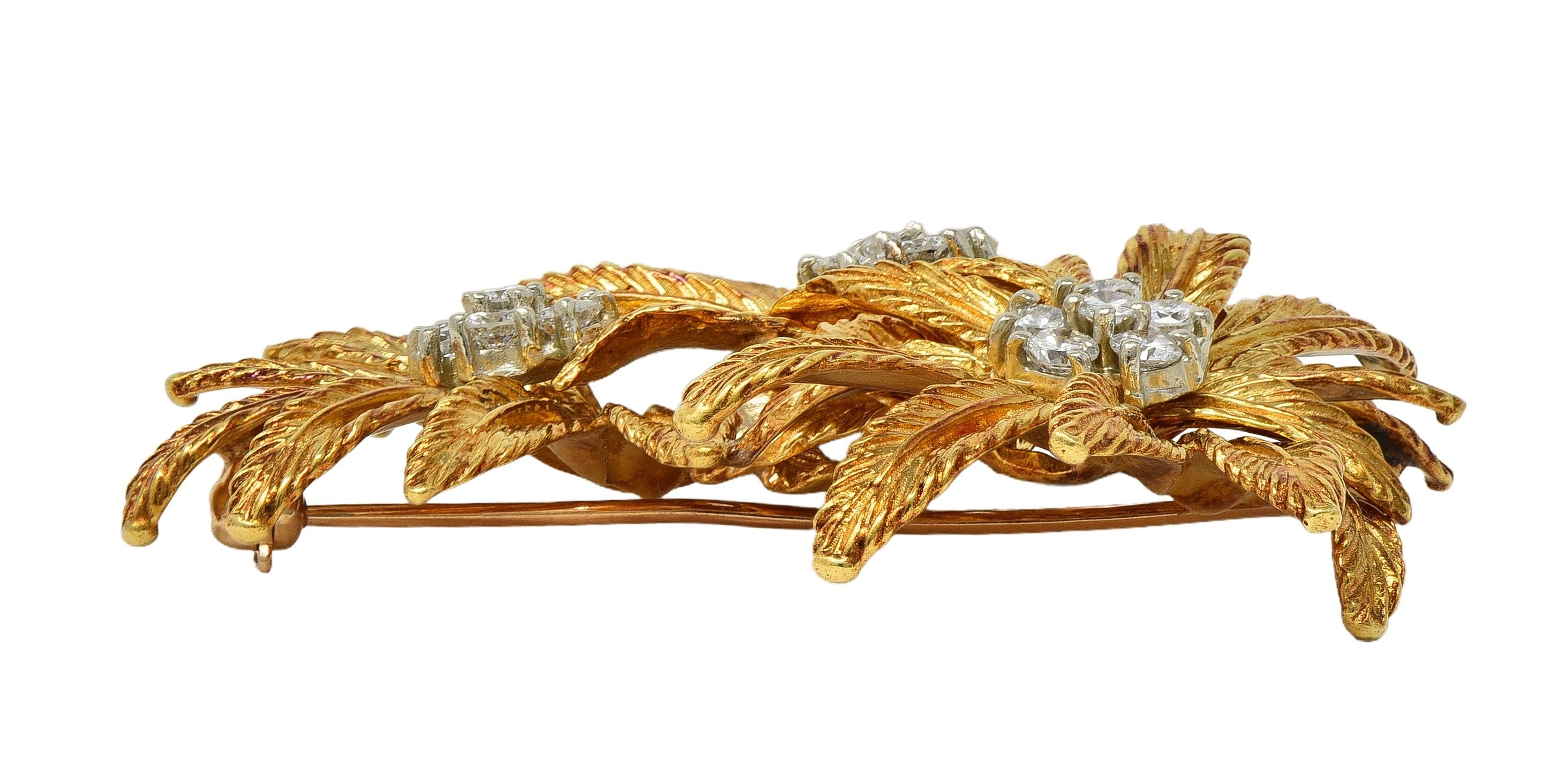 Tiffany & Co. Mid-Century 1.53 CTW Diamond 18 Karat Gold Vintage Flower Brooch