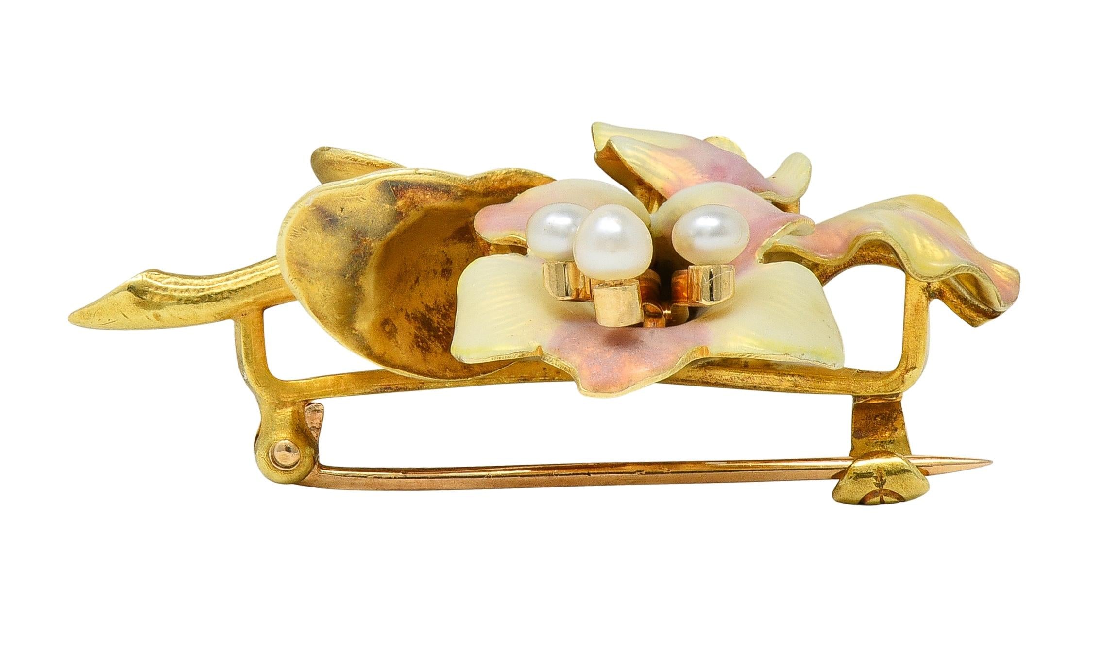 Art Nouveau Henry Blank & Co. Enamel 14K Yellow Gold Antique Bellflower Brooch
