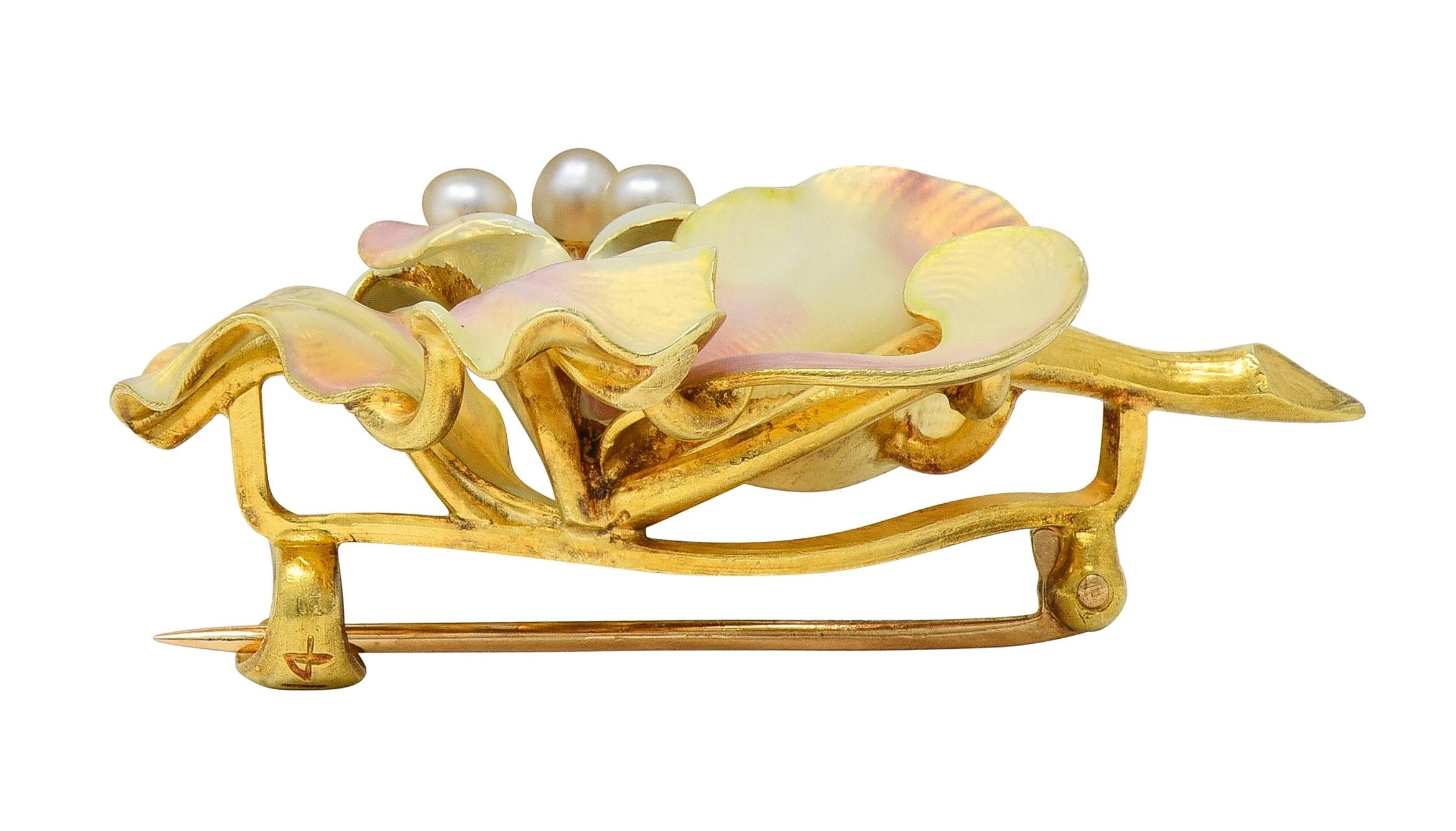 Art Nouveau Henry Blank & Co. Enamel 14K Yellow Gold Antique Bellflower Brooch