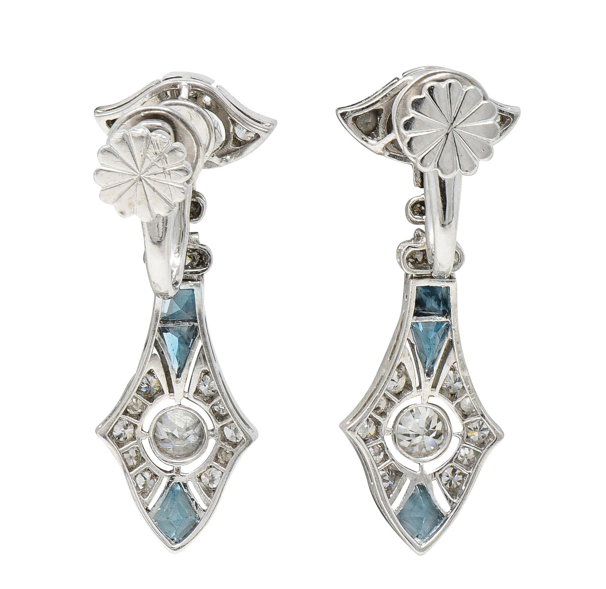 Art Deco Diamond Aquamarine Platinum Vintage Screwback Drop Earrings