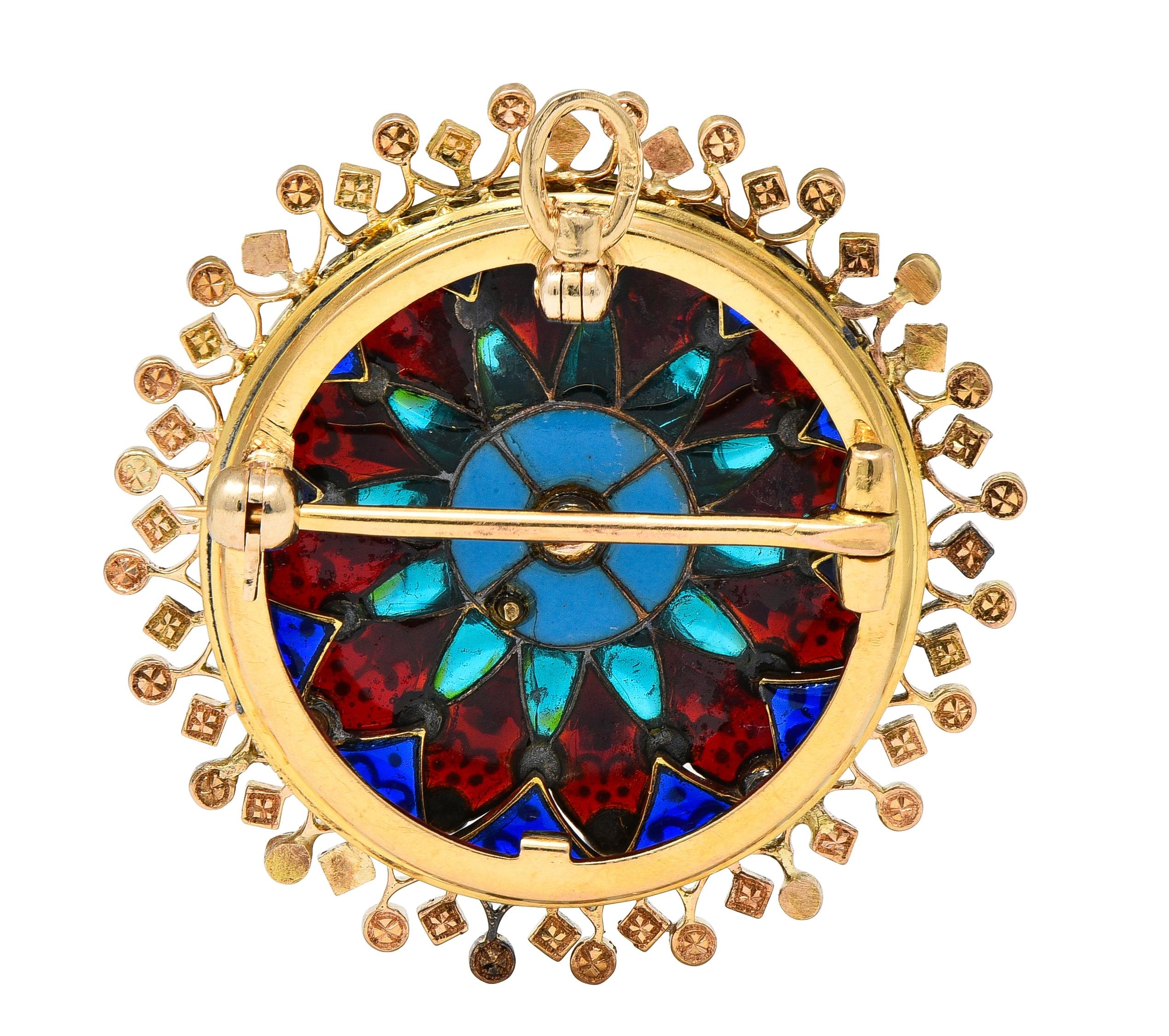 Boucheron Victorian Plique-à-Jour Enamel 18K Gold Antique Rosace Pendant Brooch