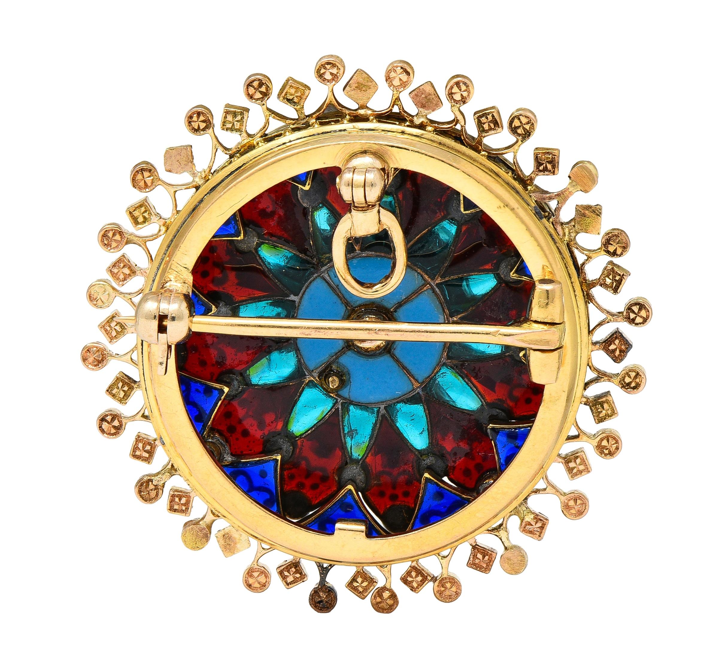 Boucheron Victorian Plique-à-Jour Enamel 18K Gold Antique Rosace Pendant Brooch