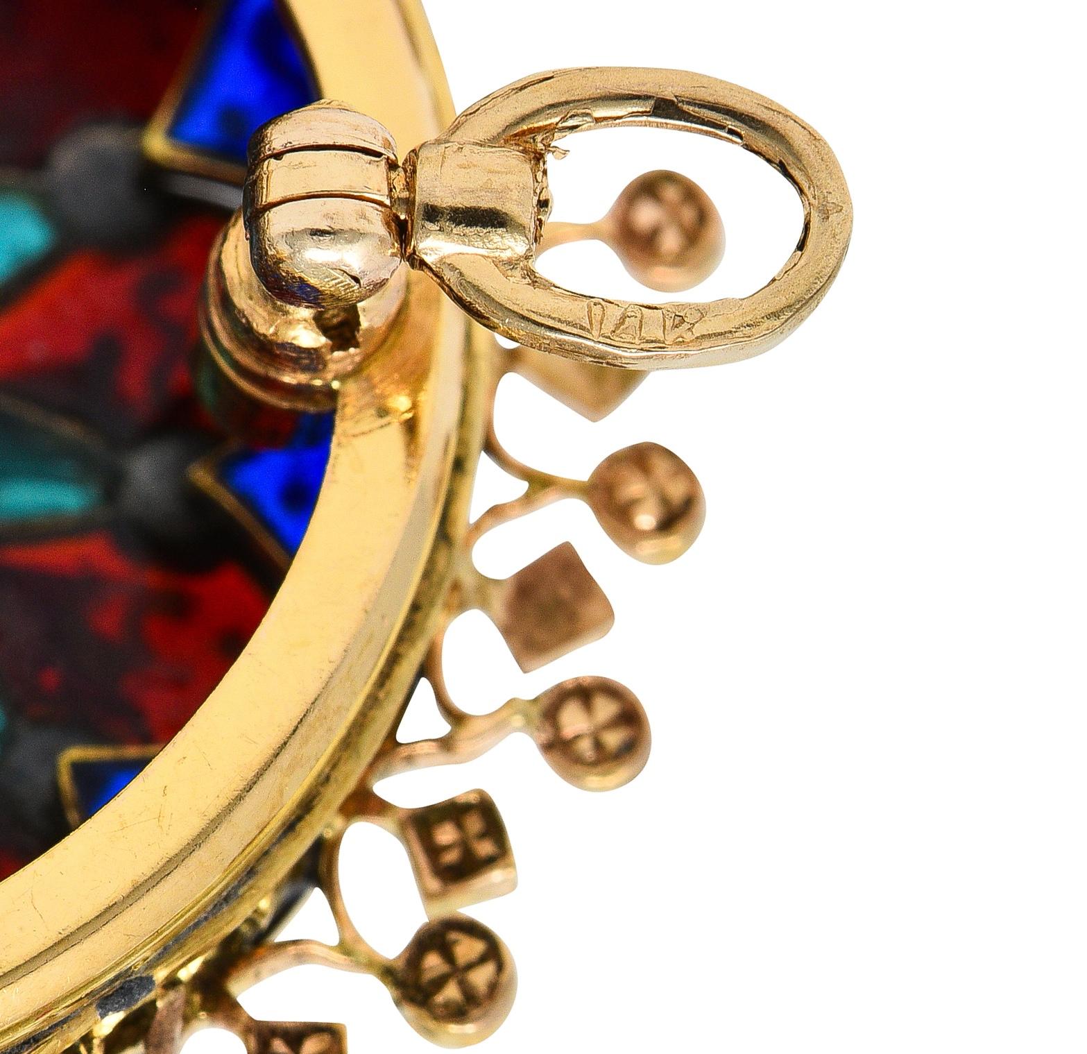 Boucheron Victorian Plique-à-Jour Enamel 18K Gold Antique Rosace Pendant Brooch