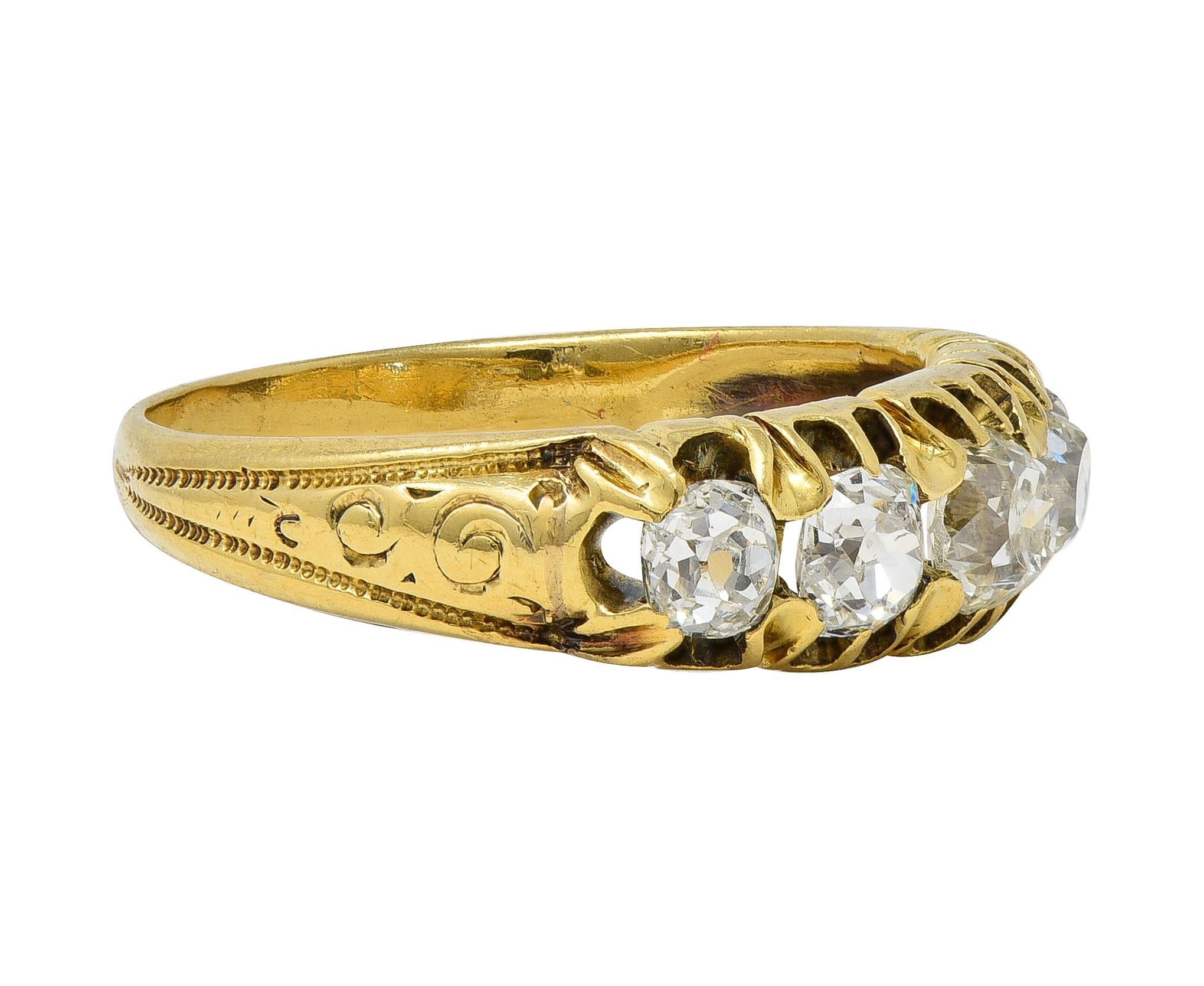 Victorian 0.95 CTW Old Mine Diamond 18K Gold Antique Five Stone Scroll Band Ring