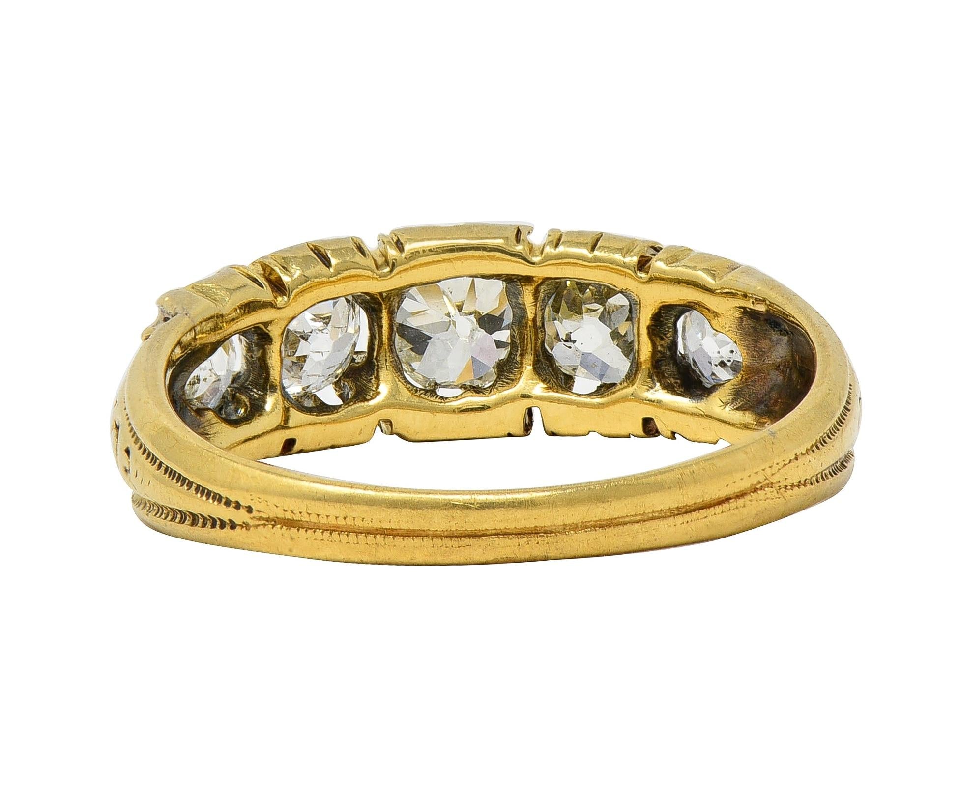 Victorian 0.95 CTW Old Mine Diamond 18K Gold Antique Five Stone Scroll Band Ring